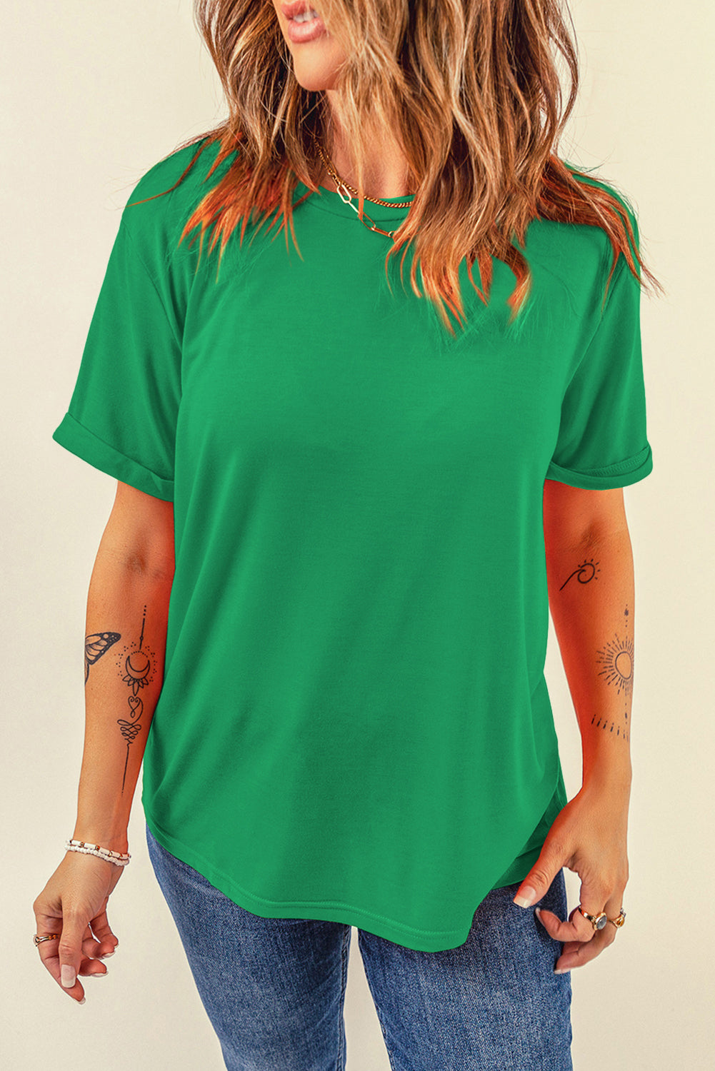 Tillandsia Purple Casual Plain Crew Neck Tee