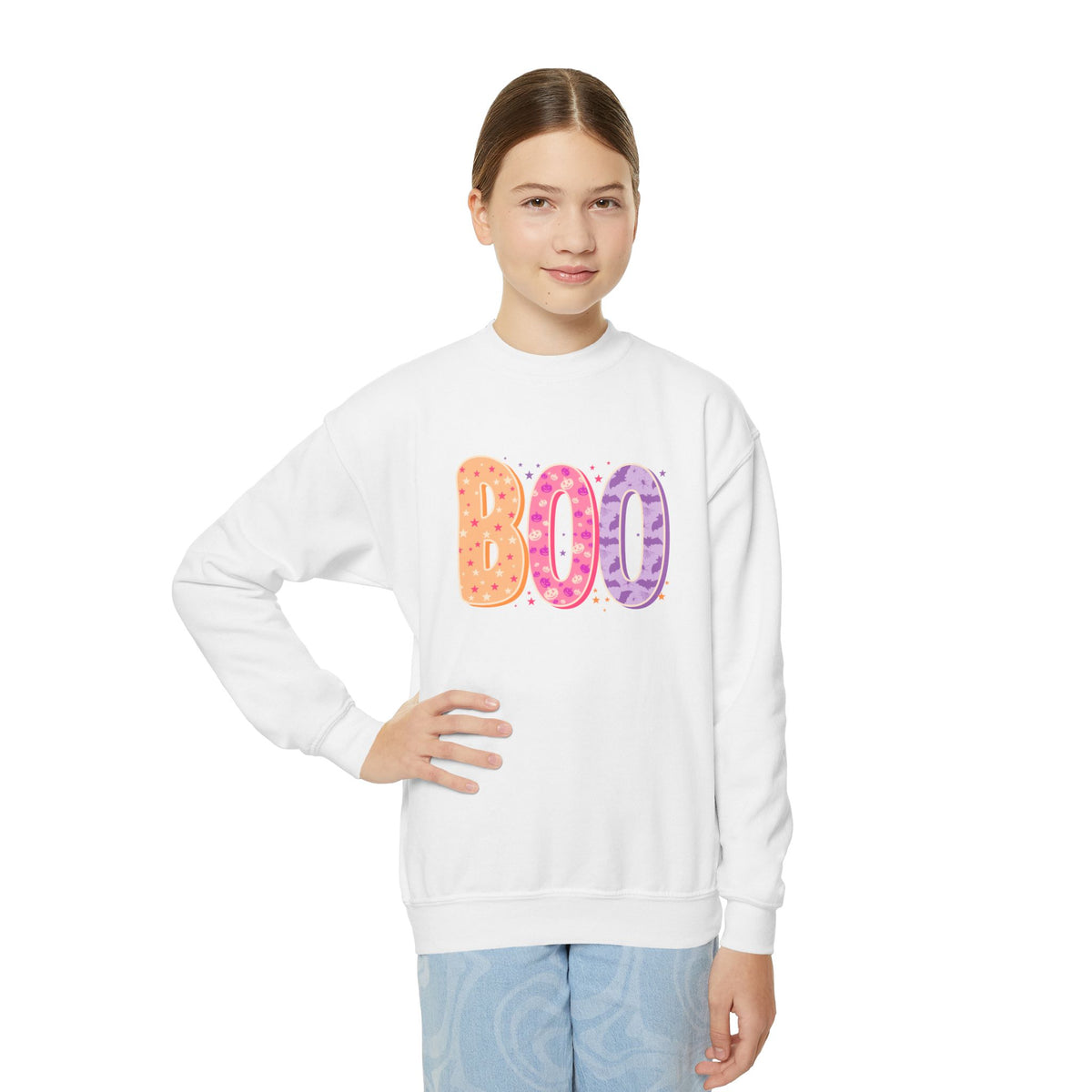 Youth Halloween 'BOO' Crewneck Sweatshirt - Colorful Candy Dotted Design