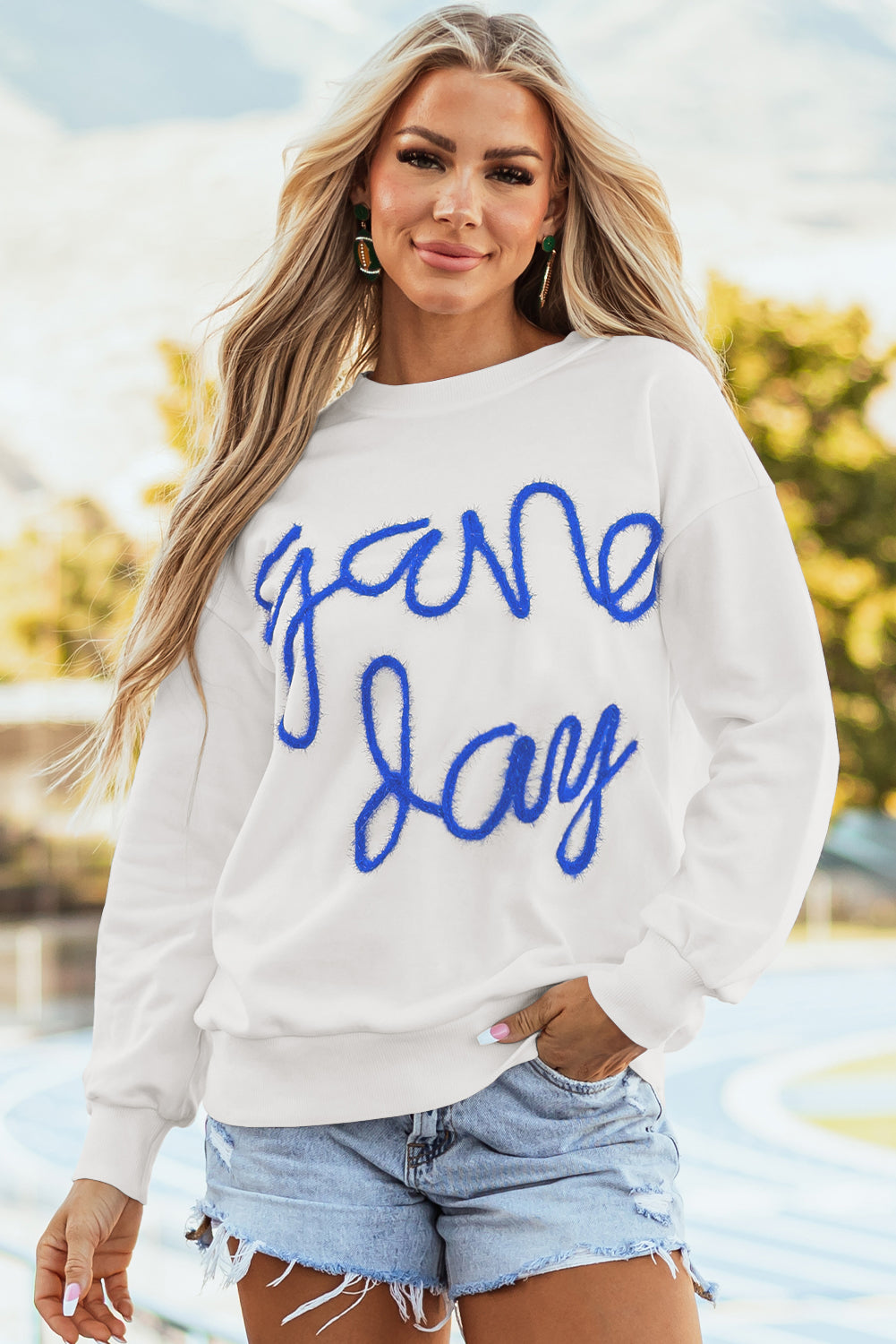 Russet Orange Tinsel Game Day Drop Shoulder Graphic Sweatshirt
