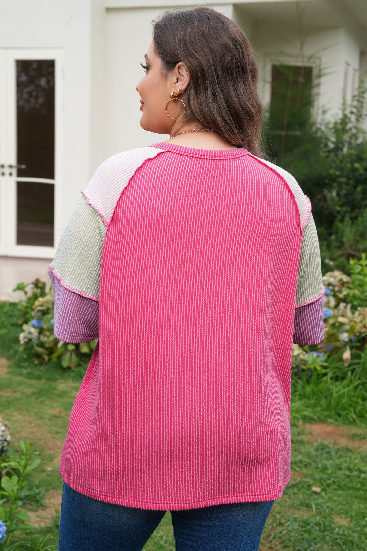 Bright Pink Plus Size Twisted Rib Color Block Patchwork Short Sleeve Henley Top