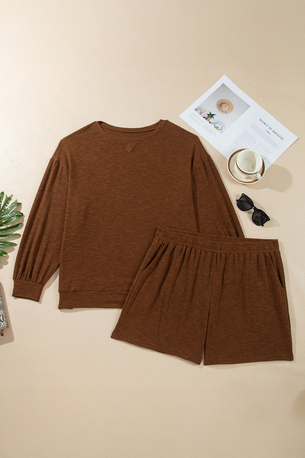 Chestnut Drop Shoulder Long Sleeve Top Elastic Waist Shorts Plus Size Set
