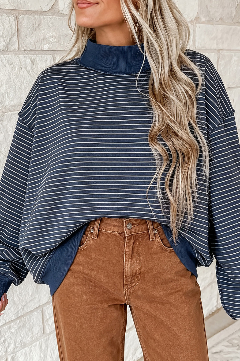 Khaki Stripe Ribbed Color Block Mock Neck Oversized Sweatshirt