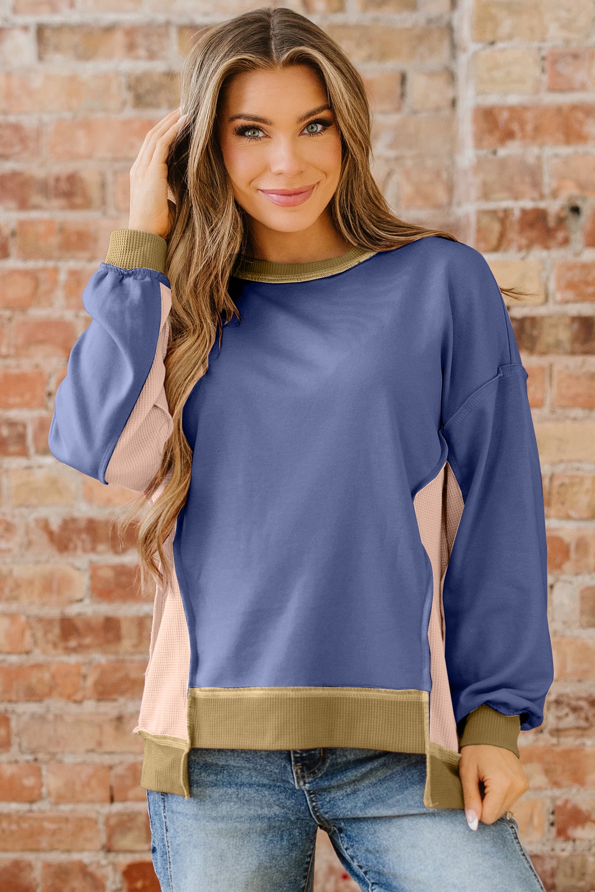 Smoke Green Color Block Mix Texture Waffle Patchwork Oversize Sweatshirt