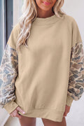 Beige Camouflage Sleeve Crewneck Baggy Pullover Sweatshirt