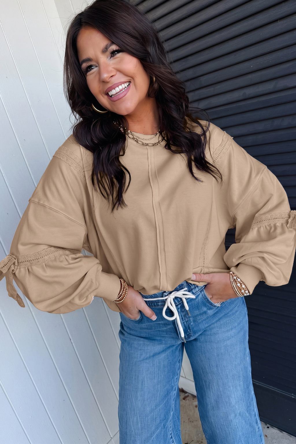 Pink Solid Color Raw Seam Lace Detail Loose Casual Sweatshirt