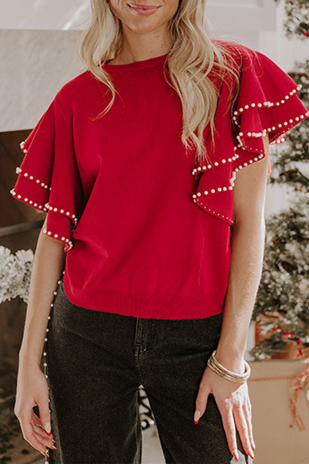 Racing Red Pearl Embellished Double Ruffle Short Sleeve Sweater