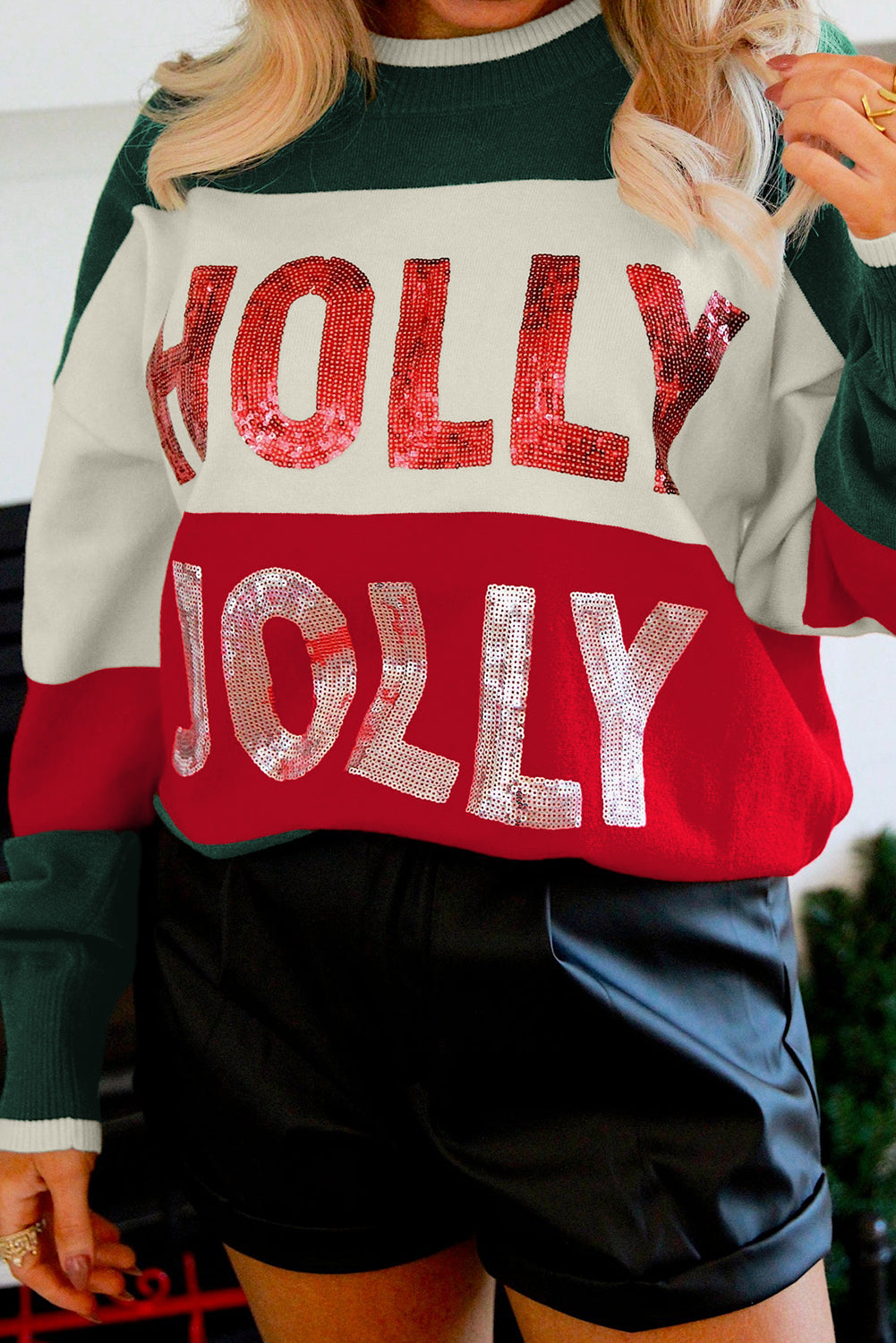 Green Sequined HOLLY JOLLY Color Block Crew Neck Sweater