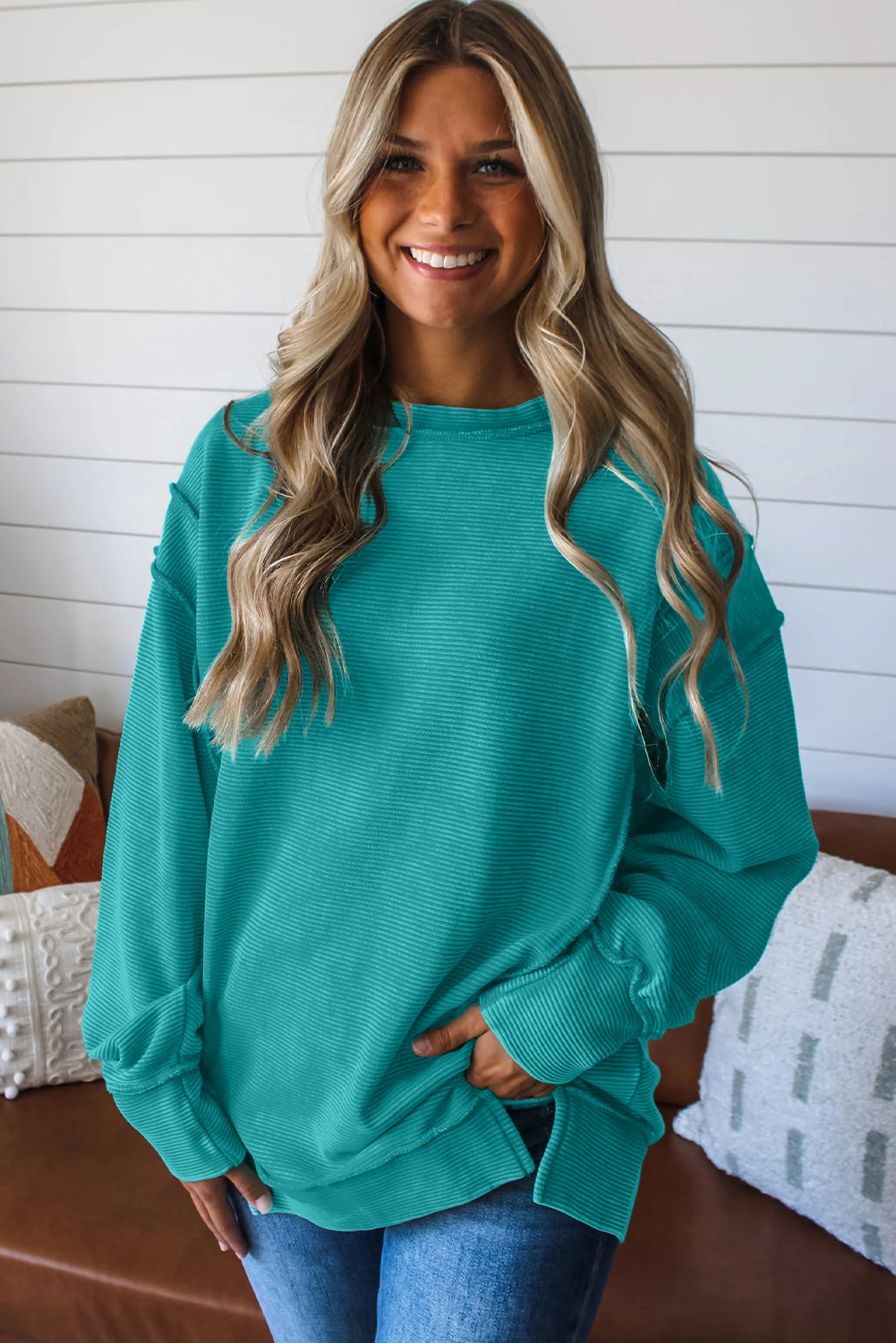 Lavendula Horizontal Ribbed Exposed Seam Detail Drop Shoulder Baggy Pullover