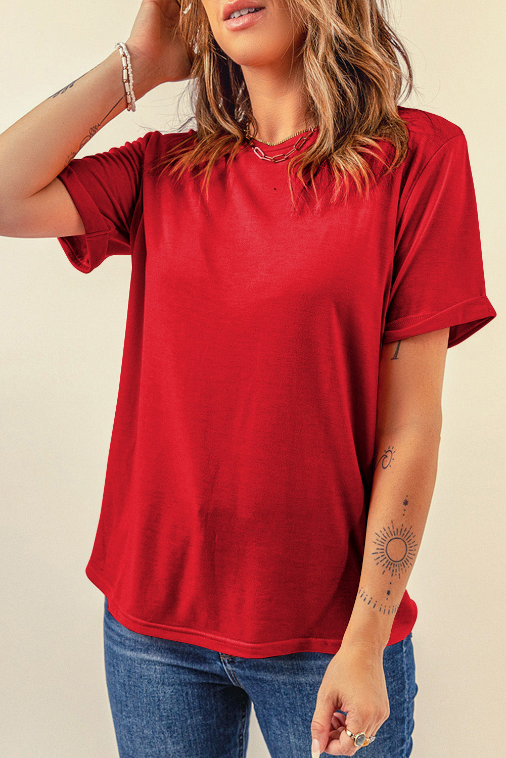 Tillandsia Purple Casual Plain Crew Neck Tee