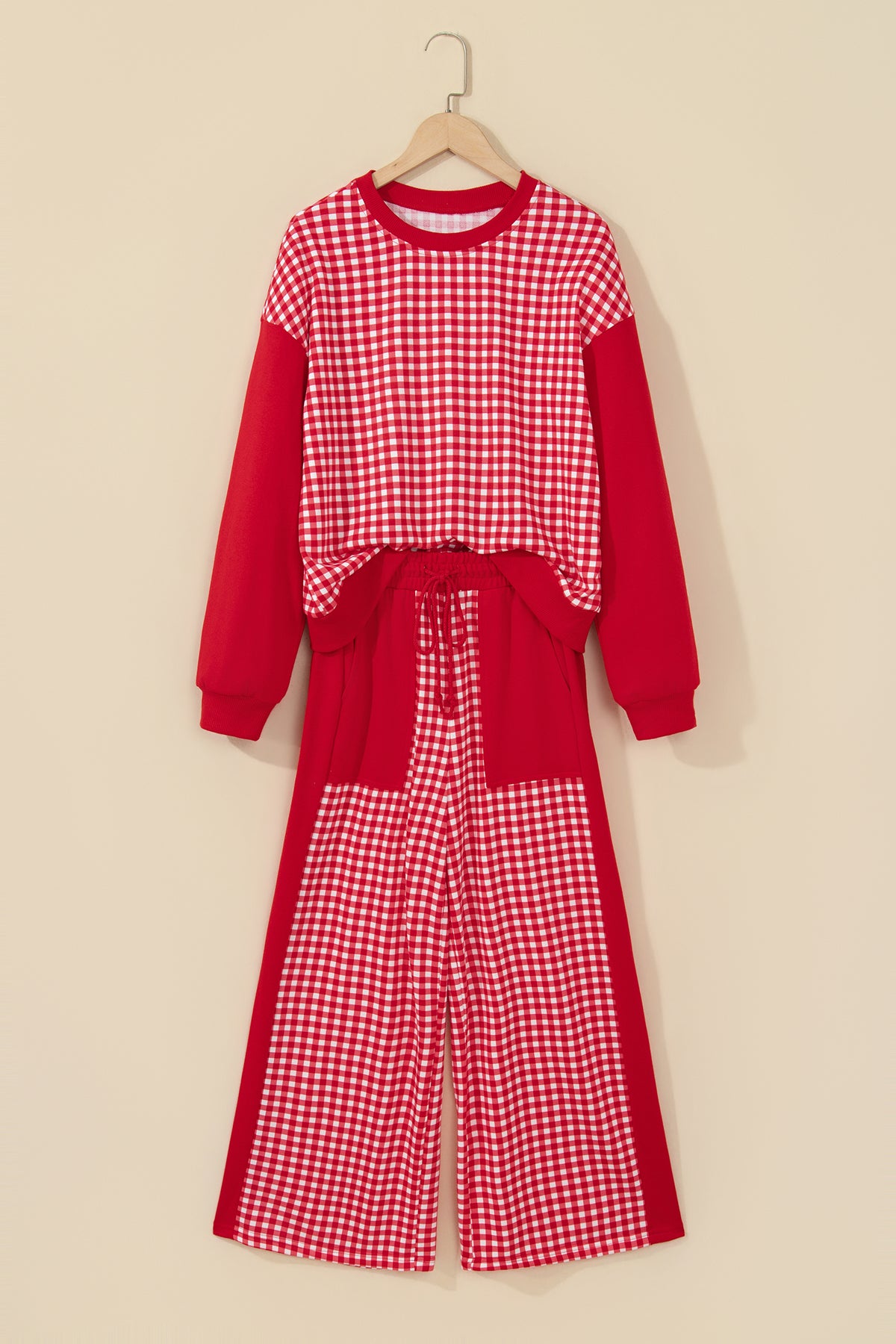 Red Color Block Plaid Patchwork Long Sleeve Pullover Wide Leg Pant Set
