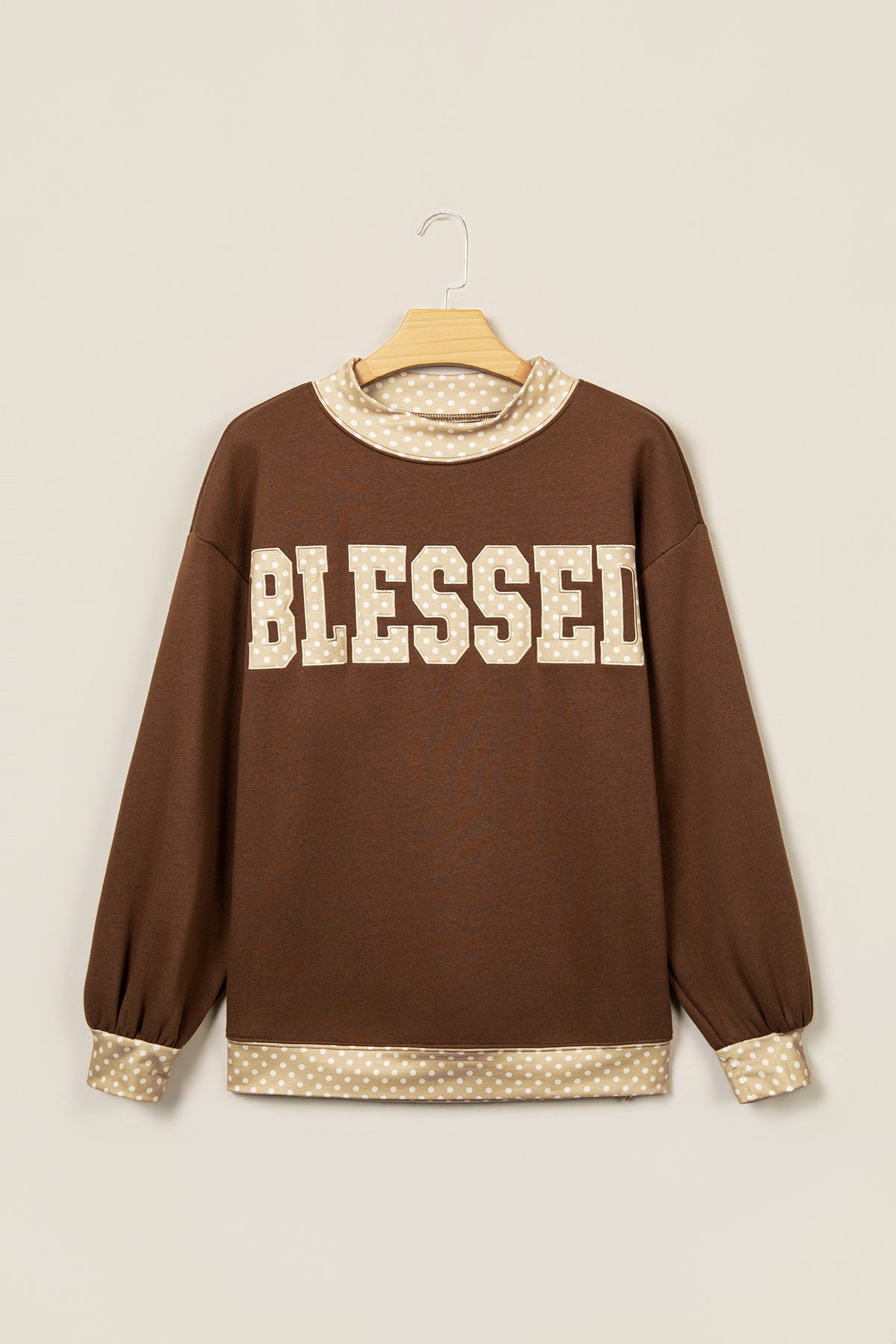 Coffee Polka Dot Trim High Neck BLESSED Letter Graphic Baggy Sweatshirt