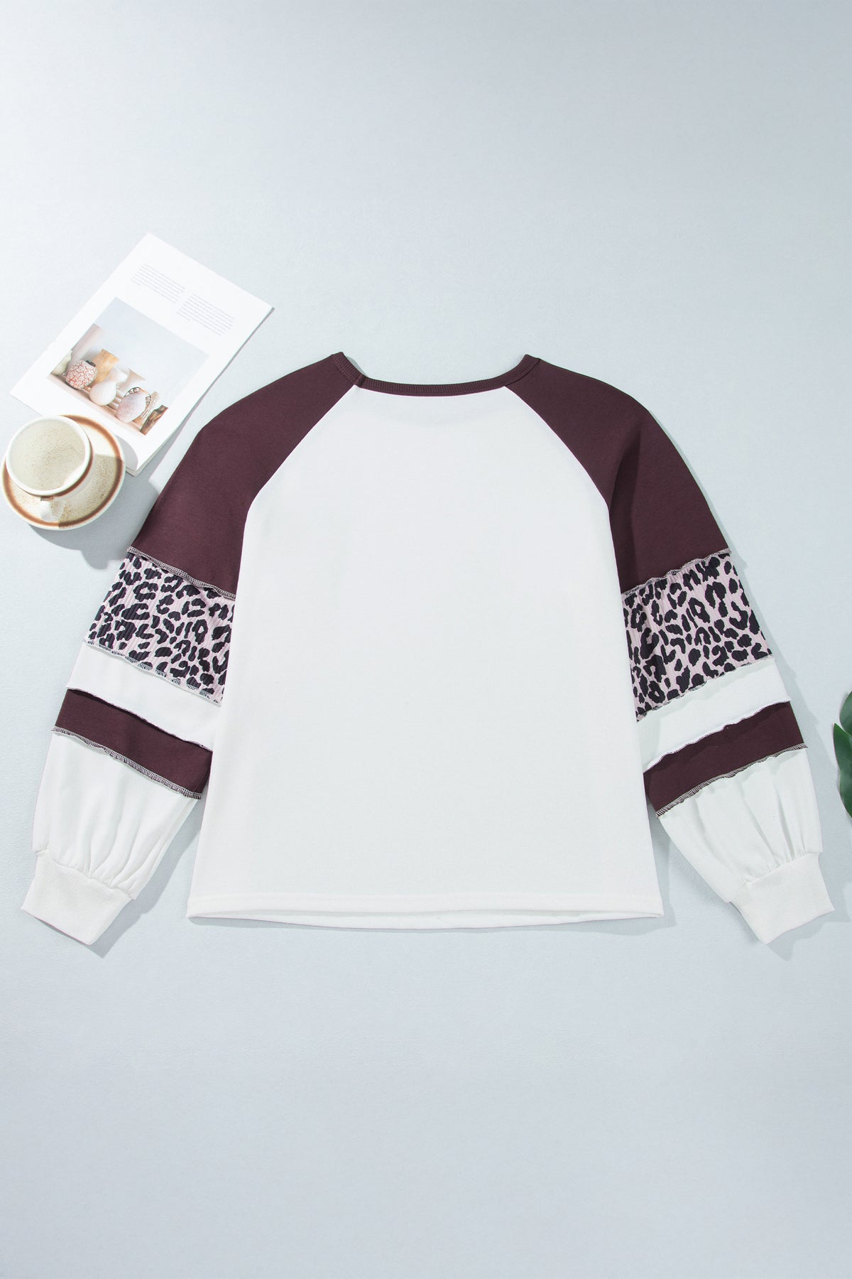 Beige Leopard Print Colorblock Round Neck Long Sleeve Plus Size Blouse