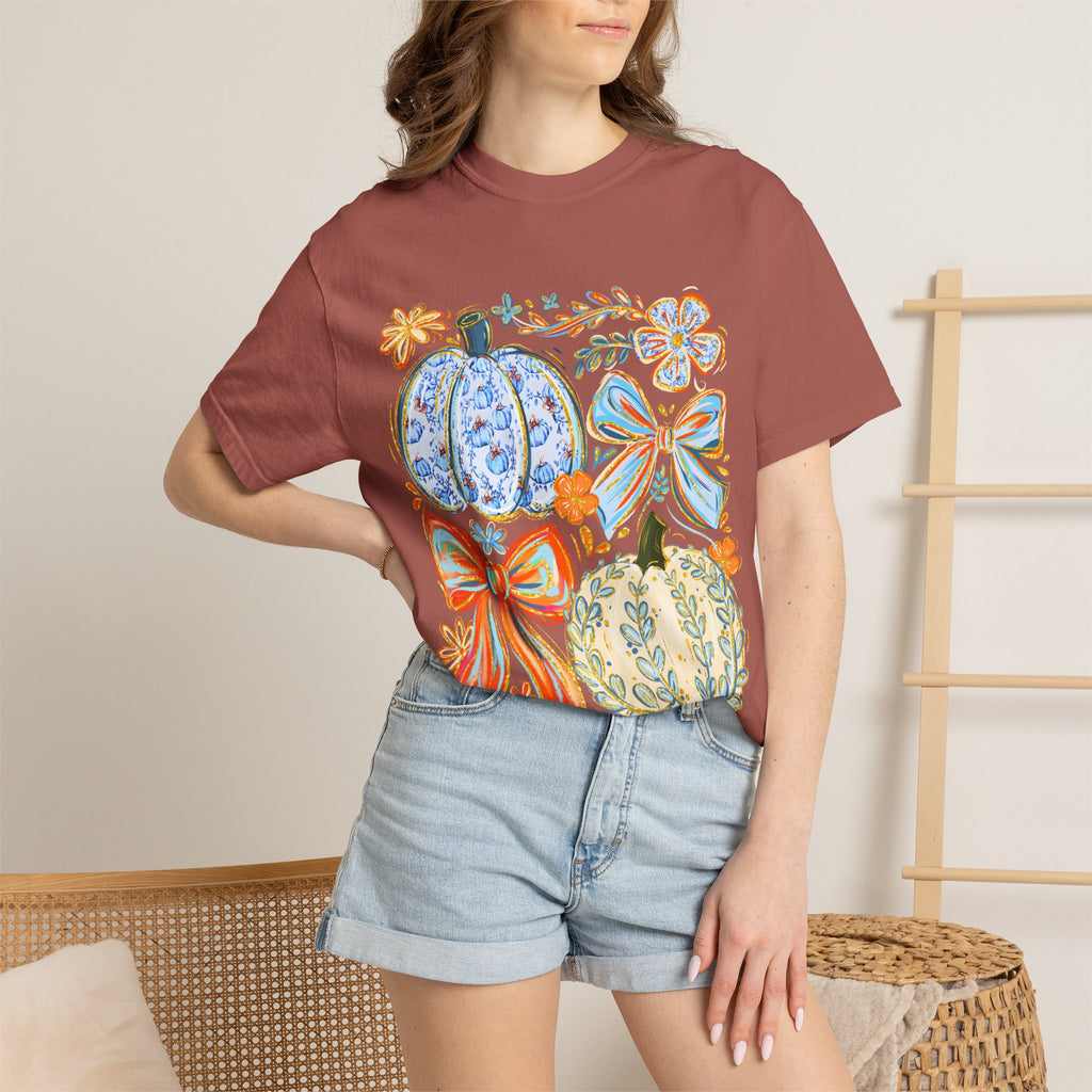 Pumpkin Bow T-Shirt — Floral Decorative Fall Pumpkins Tee