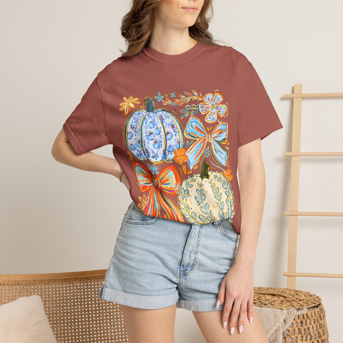 Pumpkin Bow T-Shirt — Floral Decorative Fall Pumpkins Tee