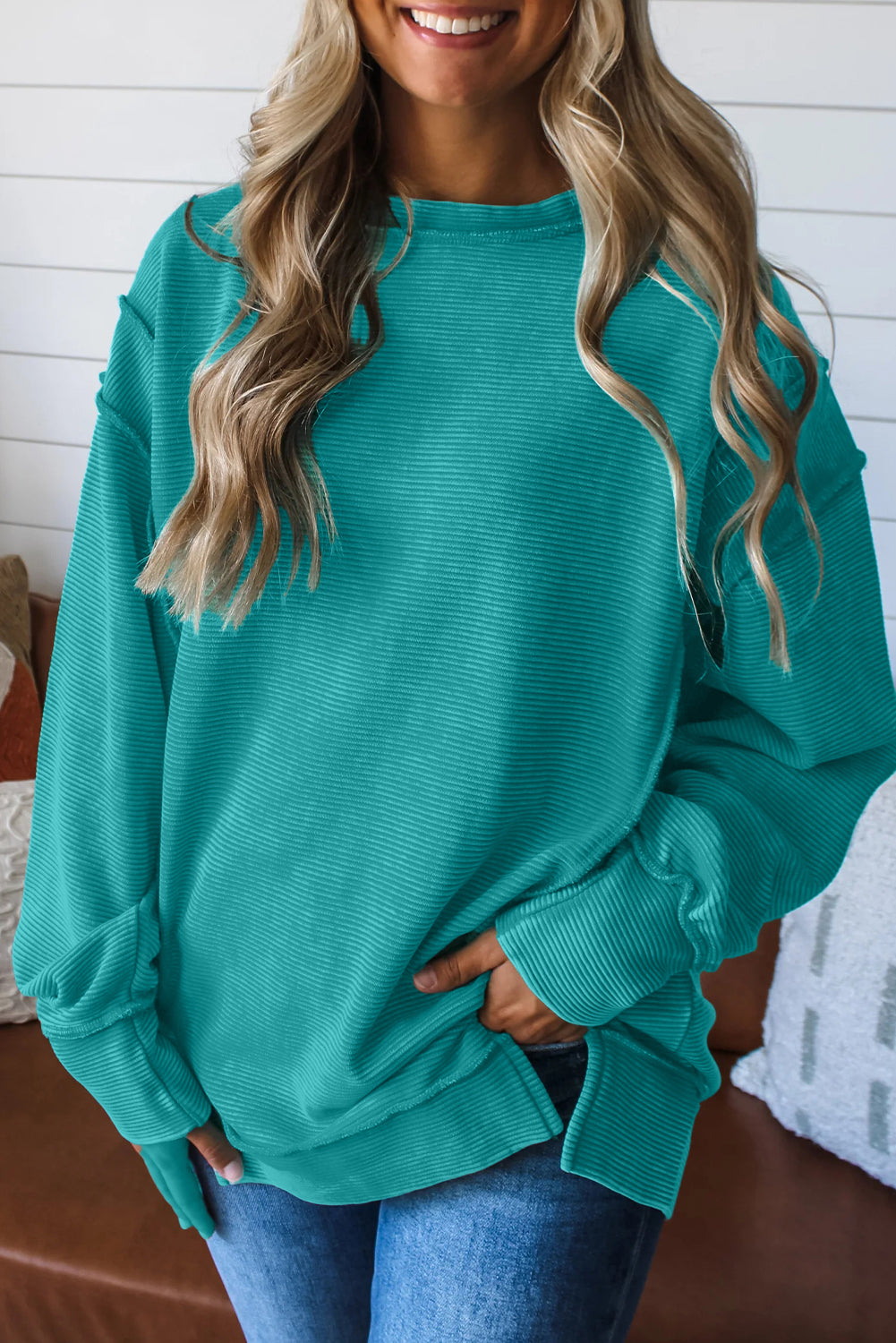 Lavendula Horizontal Ribbed Exposed Seam Detail Drop Shoulder Baggy Pullover