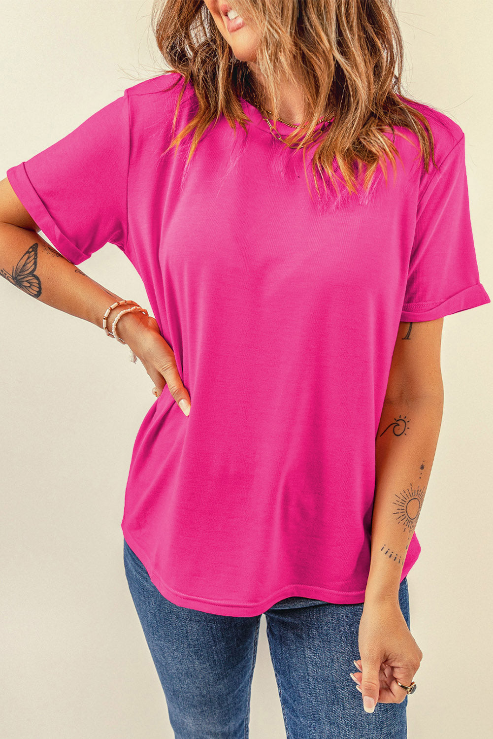 Tillandsia Purple Casual Plain Crew Neck Tee
