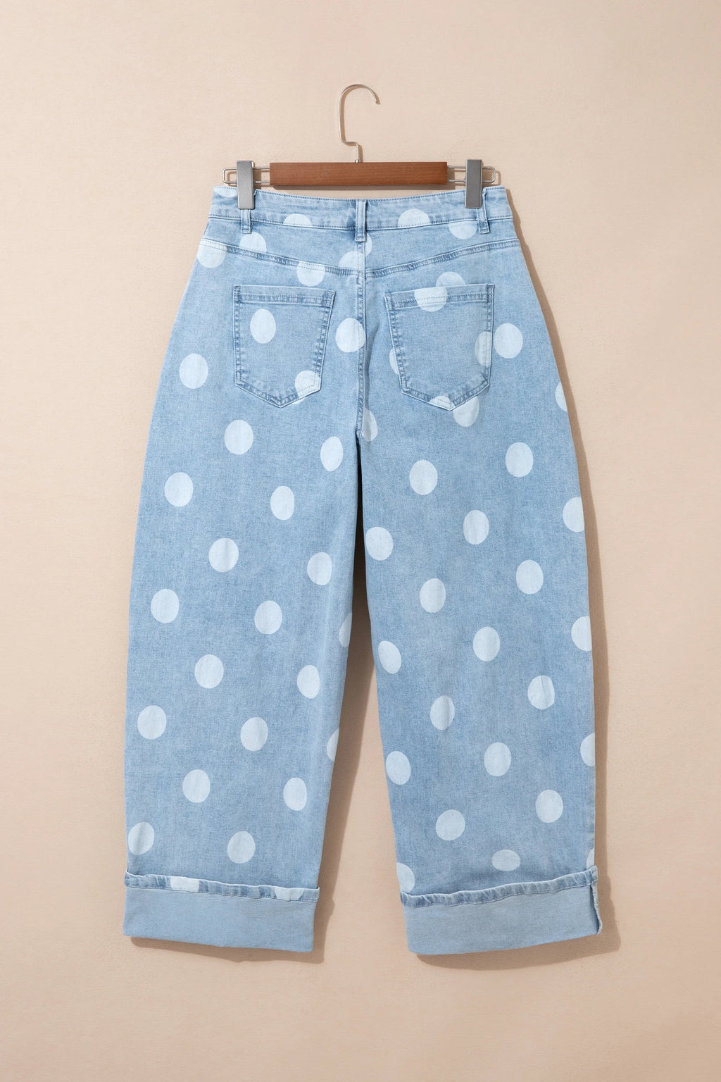 Polka Dot Denim Folded Hem High Waist Jeans