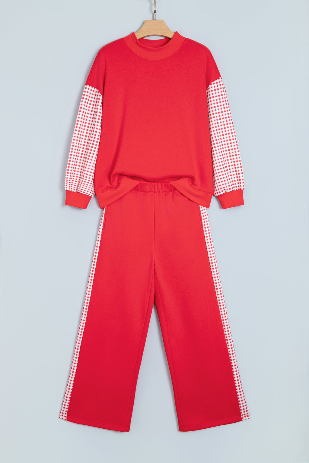 Fiery Red Plaid Contrast Long Sleeve Top And Wide Leg Pants Set