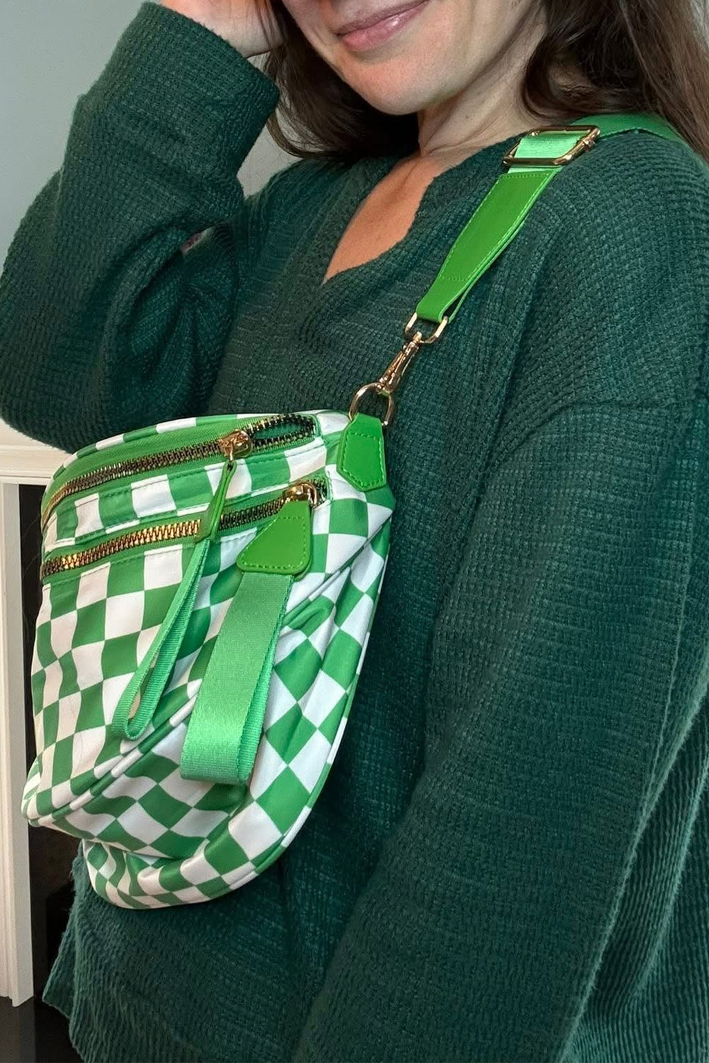 Blackish Green Checkered Print Wide Strap Large Crossbody Bag