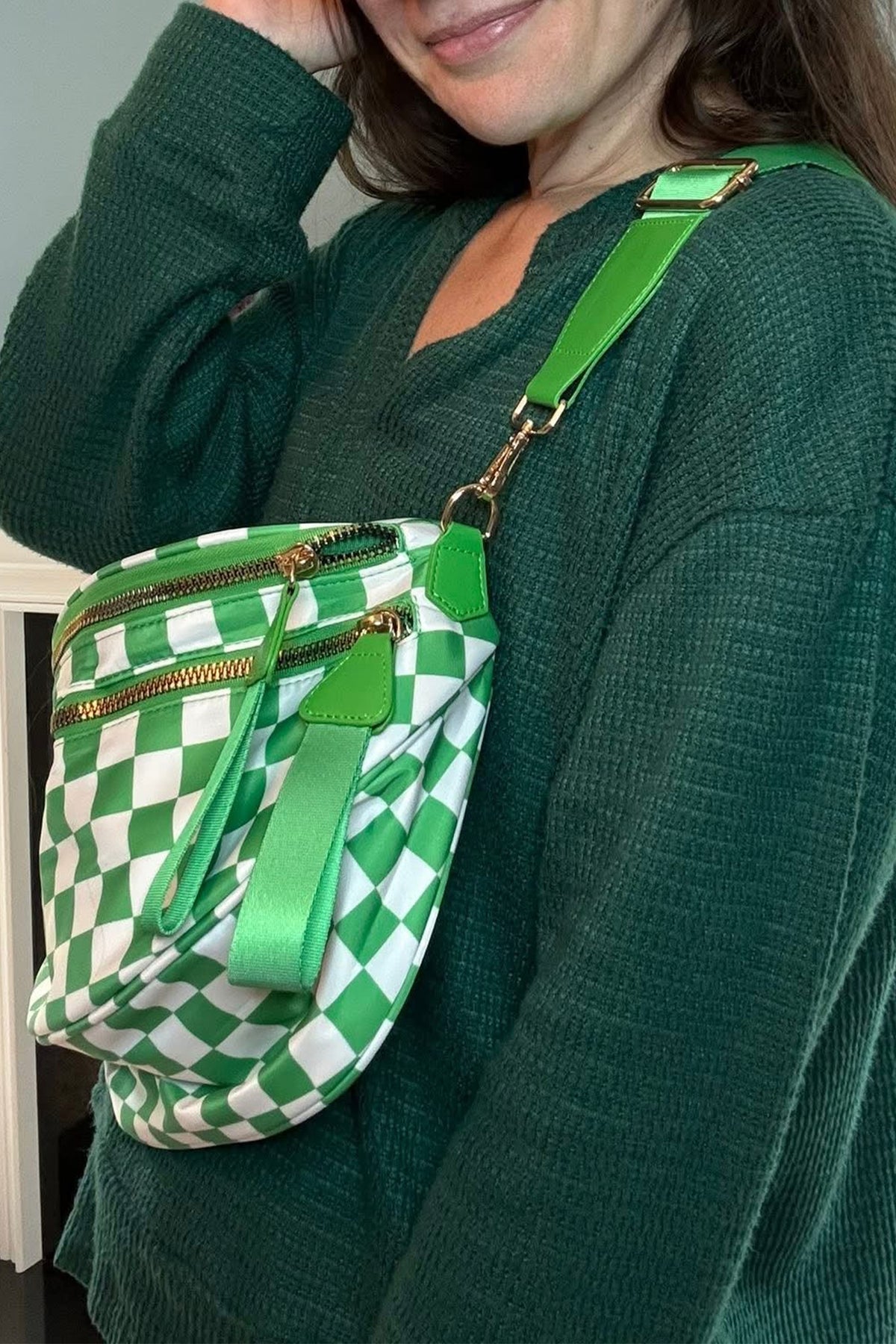 Blackish Green Checkered Print Wide Strap Large Crossbody Bag