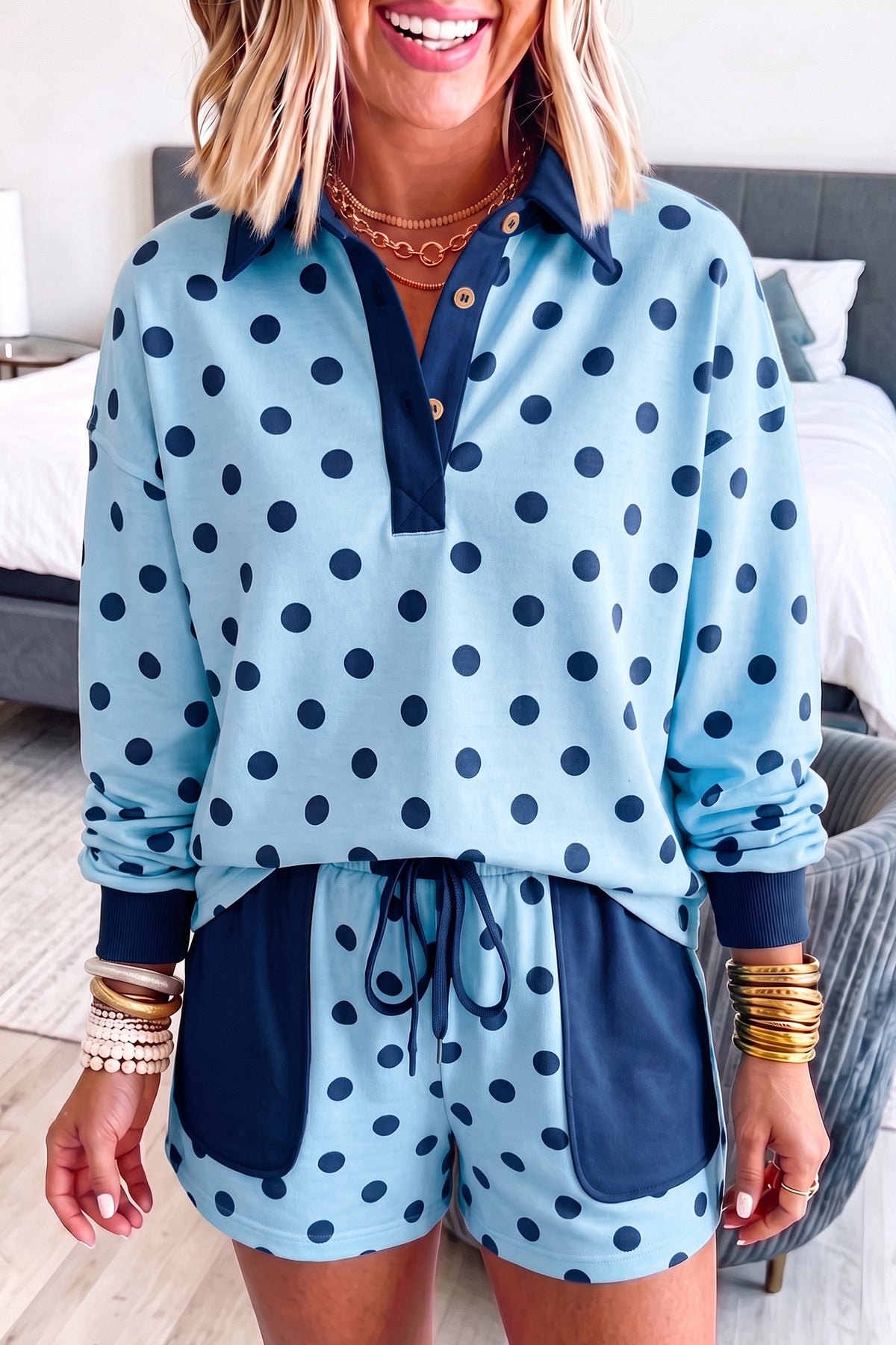 Pink Polka Dot Drop Shoulder Polo Loose Pullover Patch Pocket Casual Shorts Set