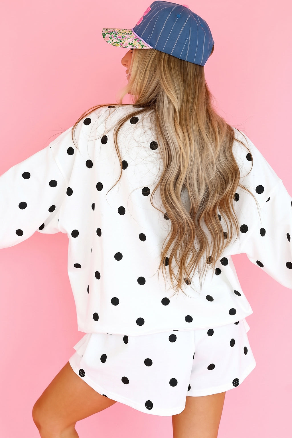 Black Polka Dot Raw Hem Relaxed Pullover Loose Skort Two Piece Set