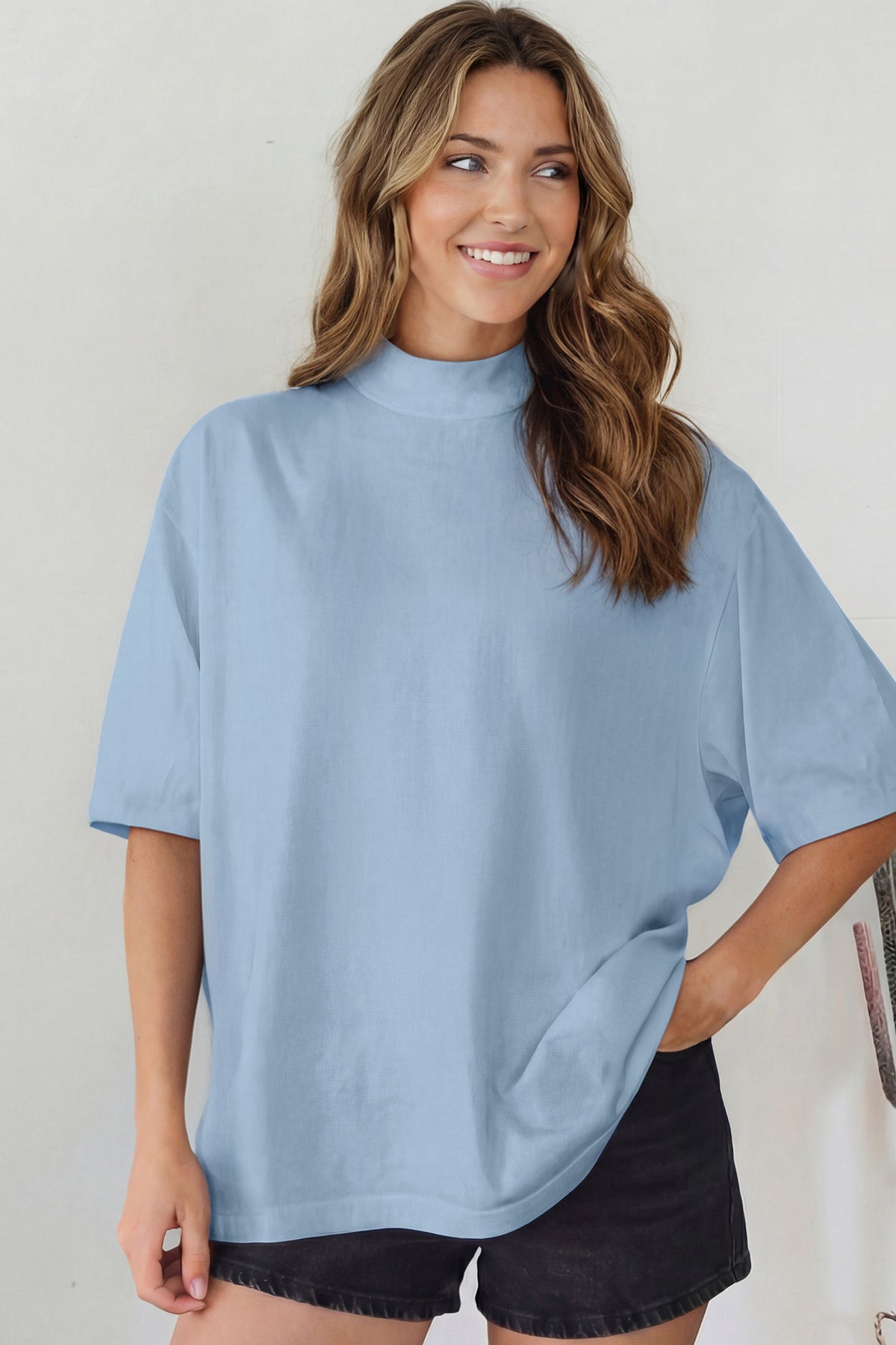Dark Blue Solid Color High Neck Oversize Tee