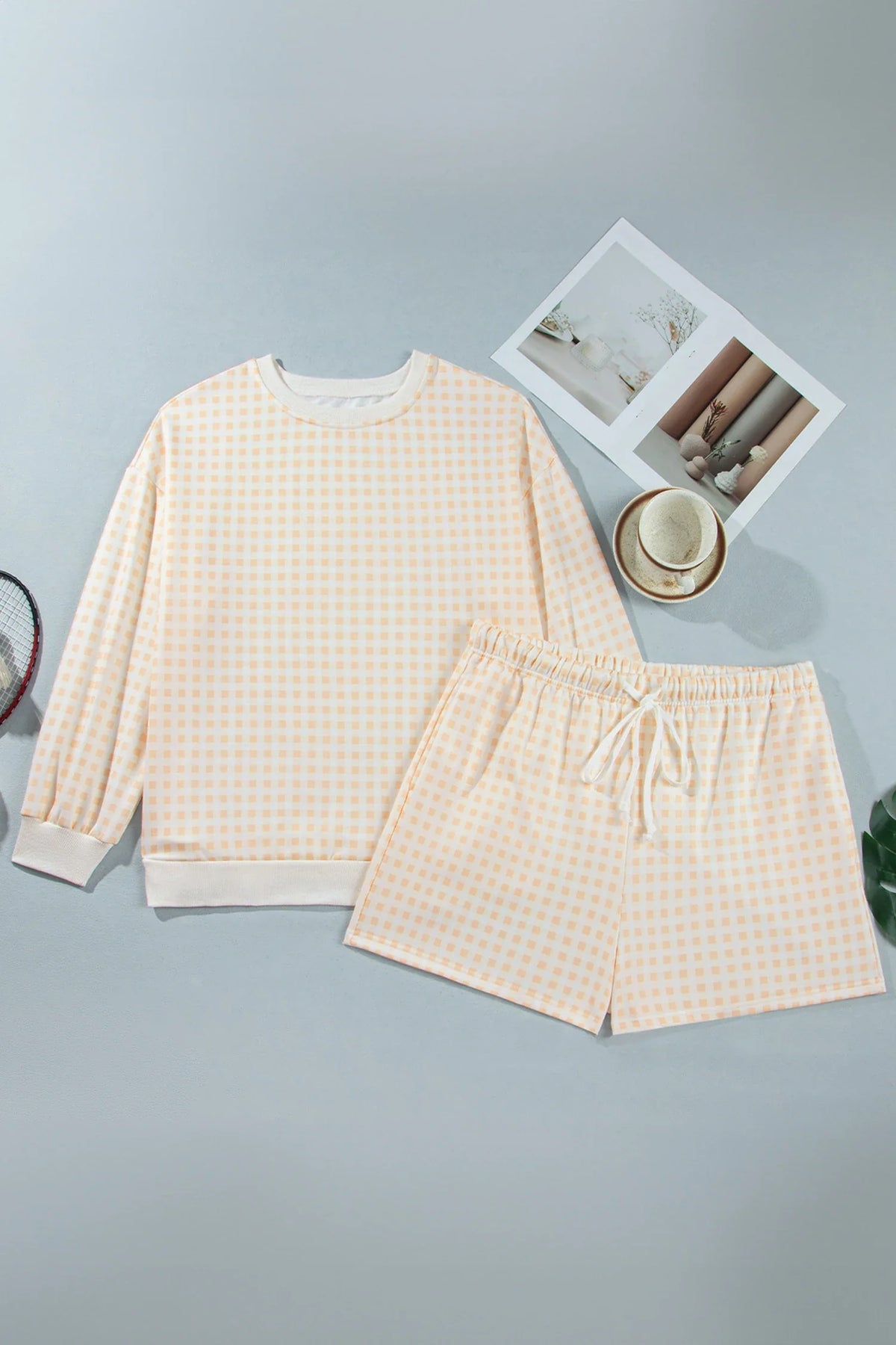 Plus Size Gingham Long Sleeve Top & Shorts Set