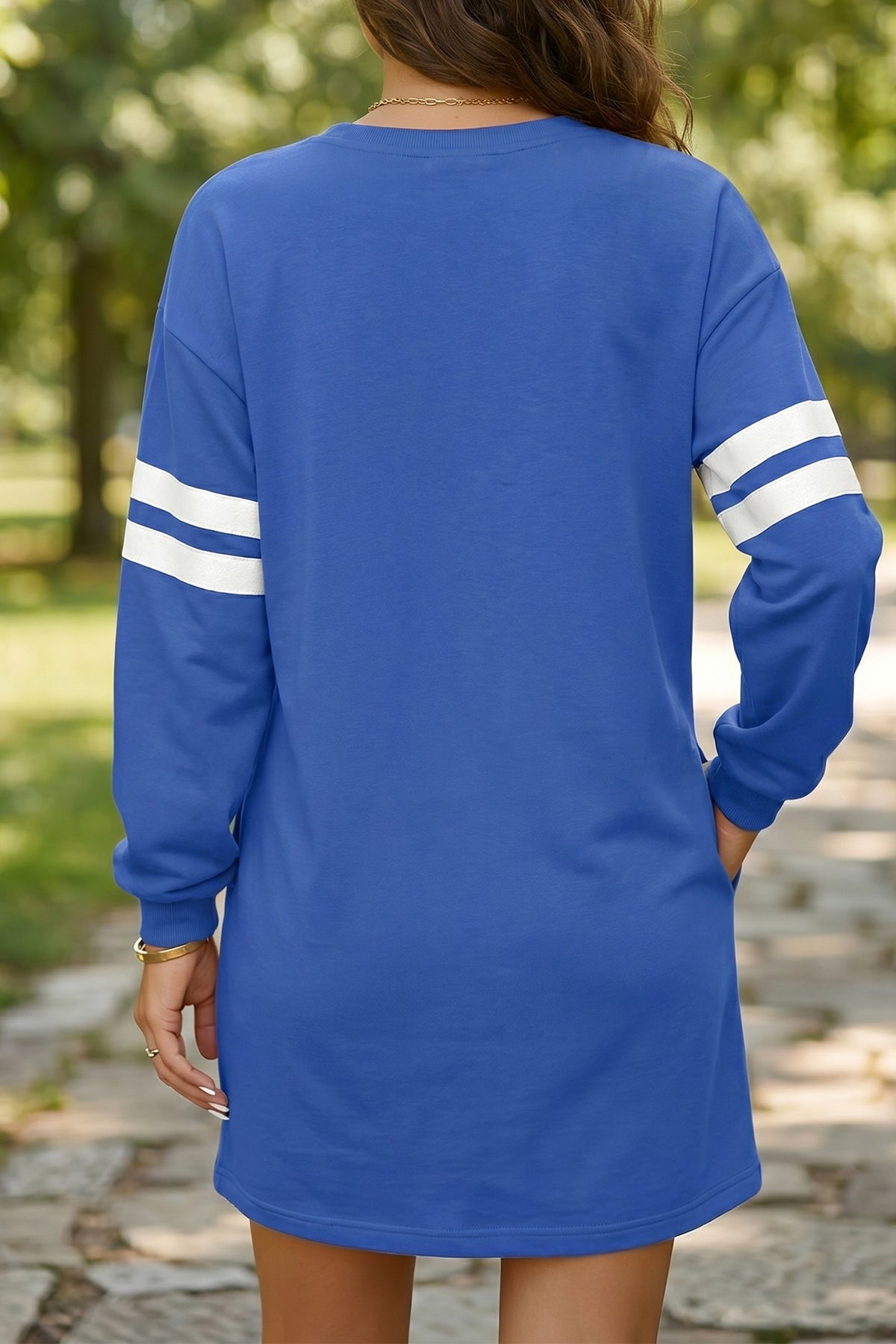 Sky Blue Varsity Contrast Banded Sleeve Shift Sweatshirt Dress