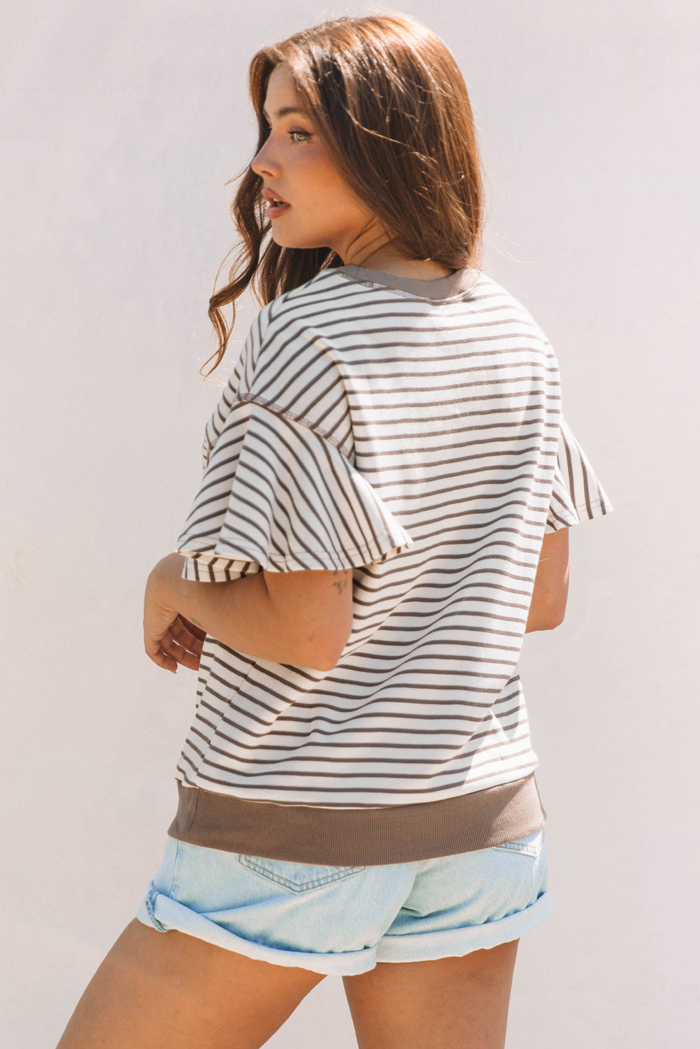 Sachet Pink Contrast Detail Striped Ruffle Short Sleeve Top