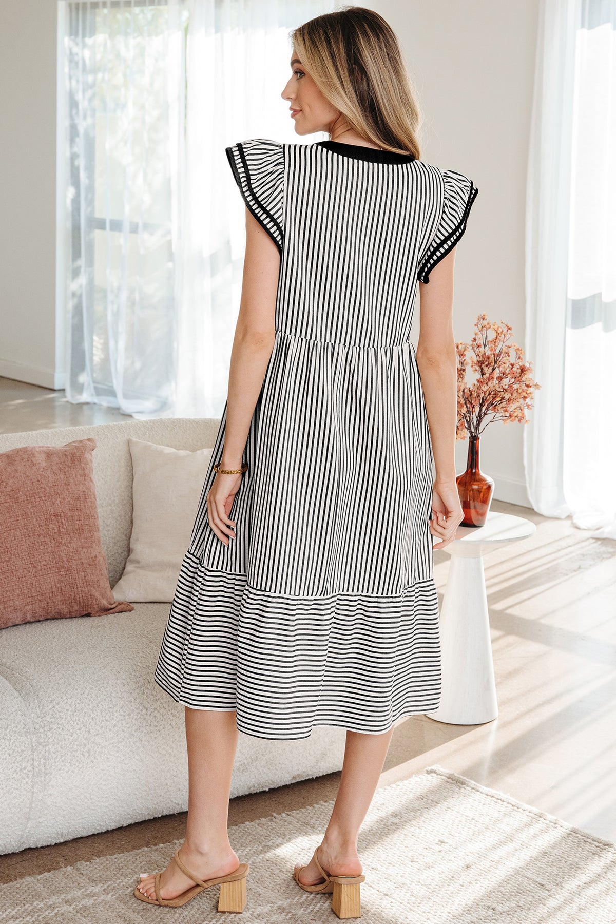 Black Stripe Double Ruffled Short Sleeve Contrast Trim V Neck Midi Dress