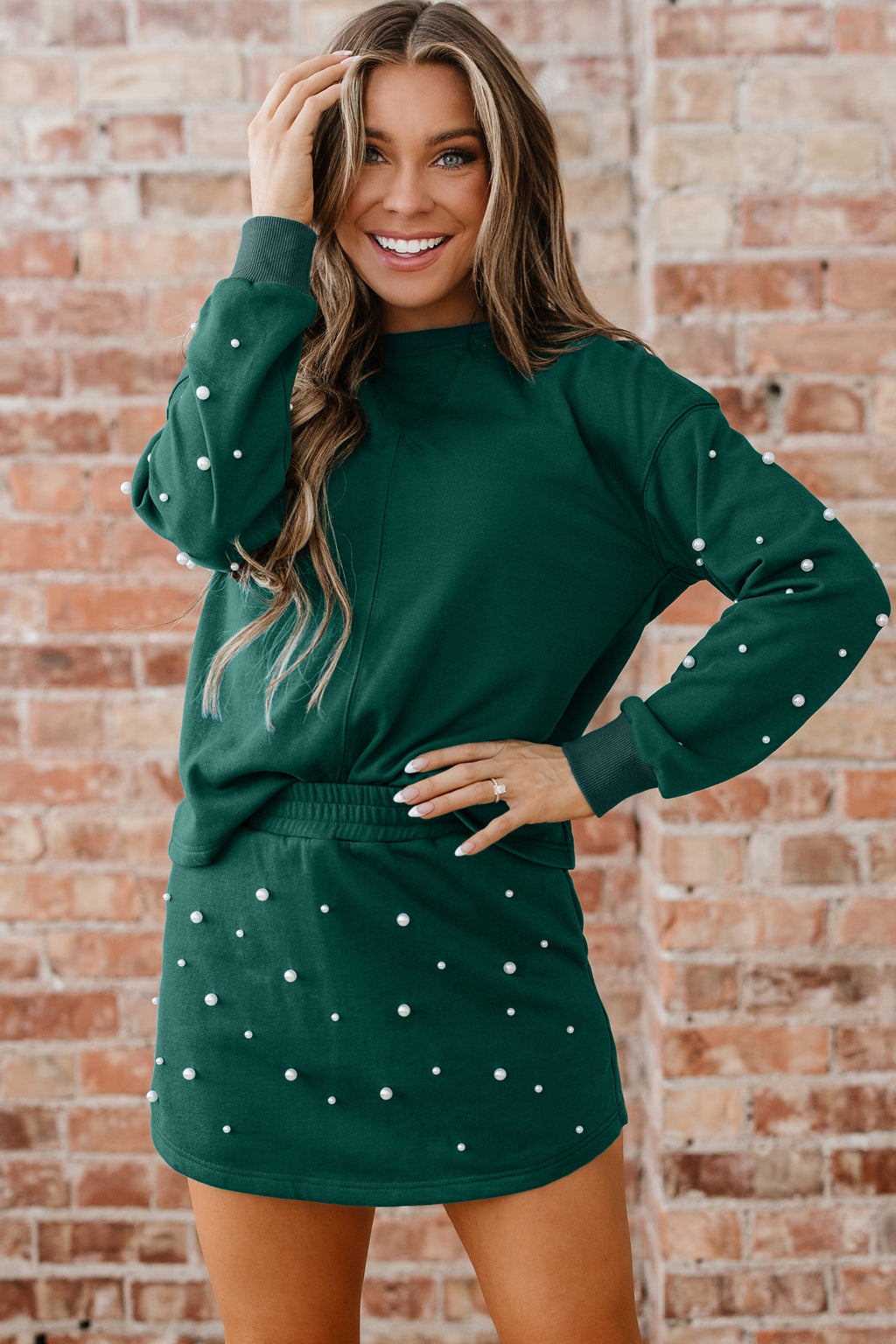 Dark Green Pearl Embellished Drop Shoulder Pullover Elastic Waist Mini Skort Set