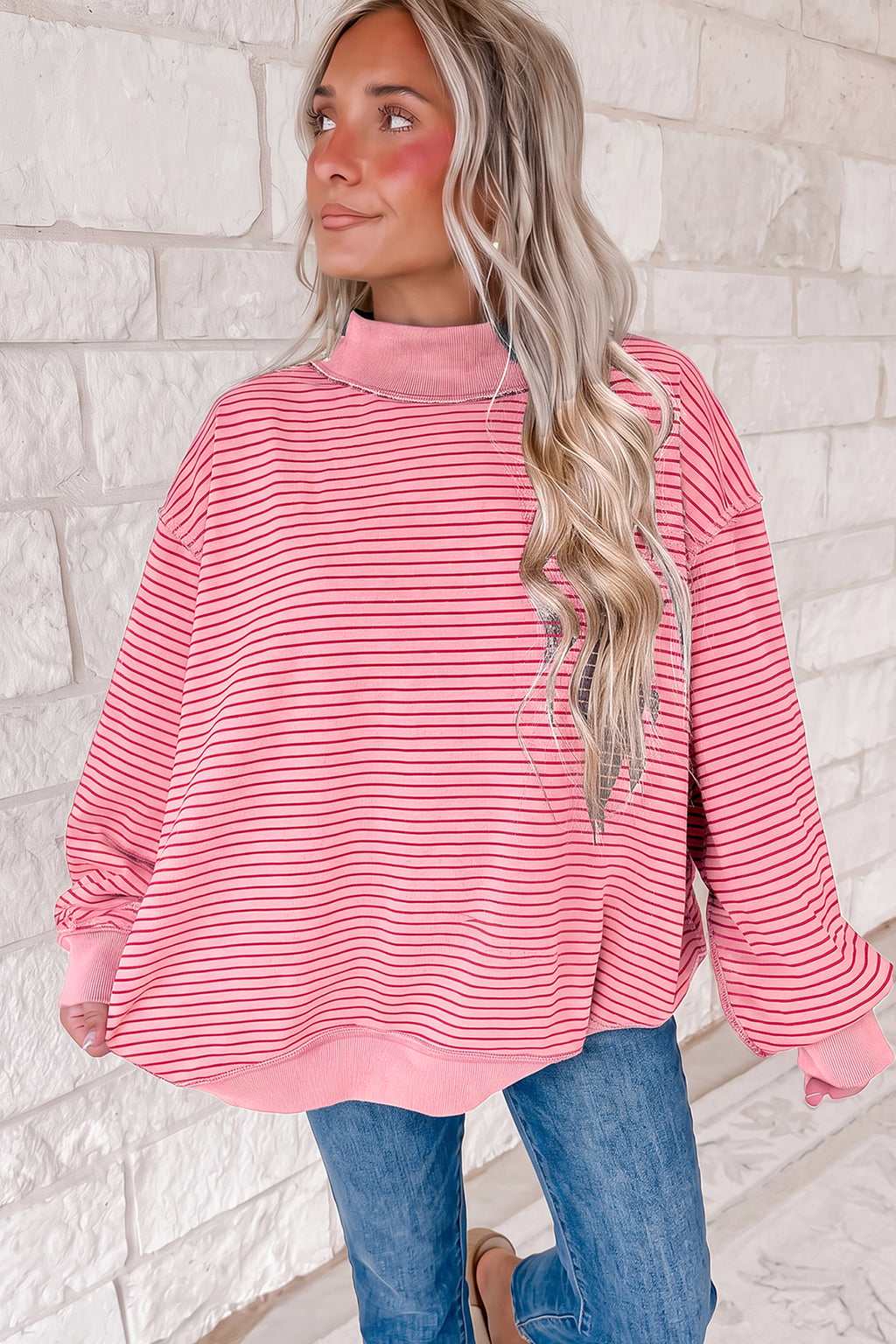 Khaki Stripe Ribbed Color Block Mock Neck Oversized Sweatshirt