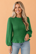 Solid Smocked Ruffle Hem Long Sleeve Blouse