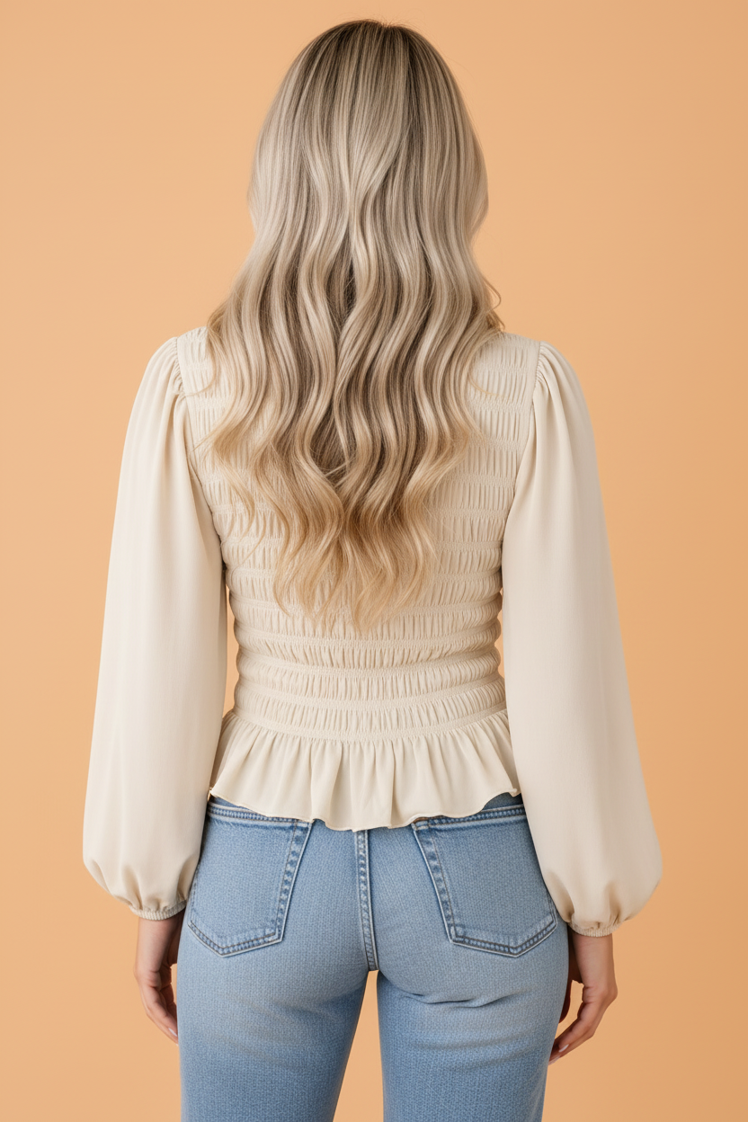 Solid Smocked Ruffle Hem Long Sleeve Blouse
