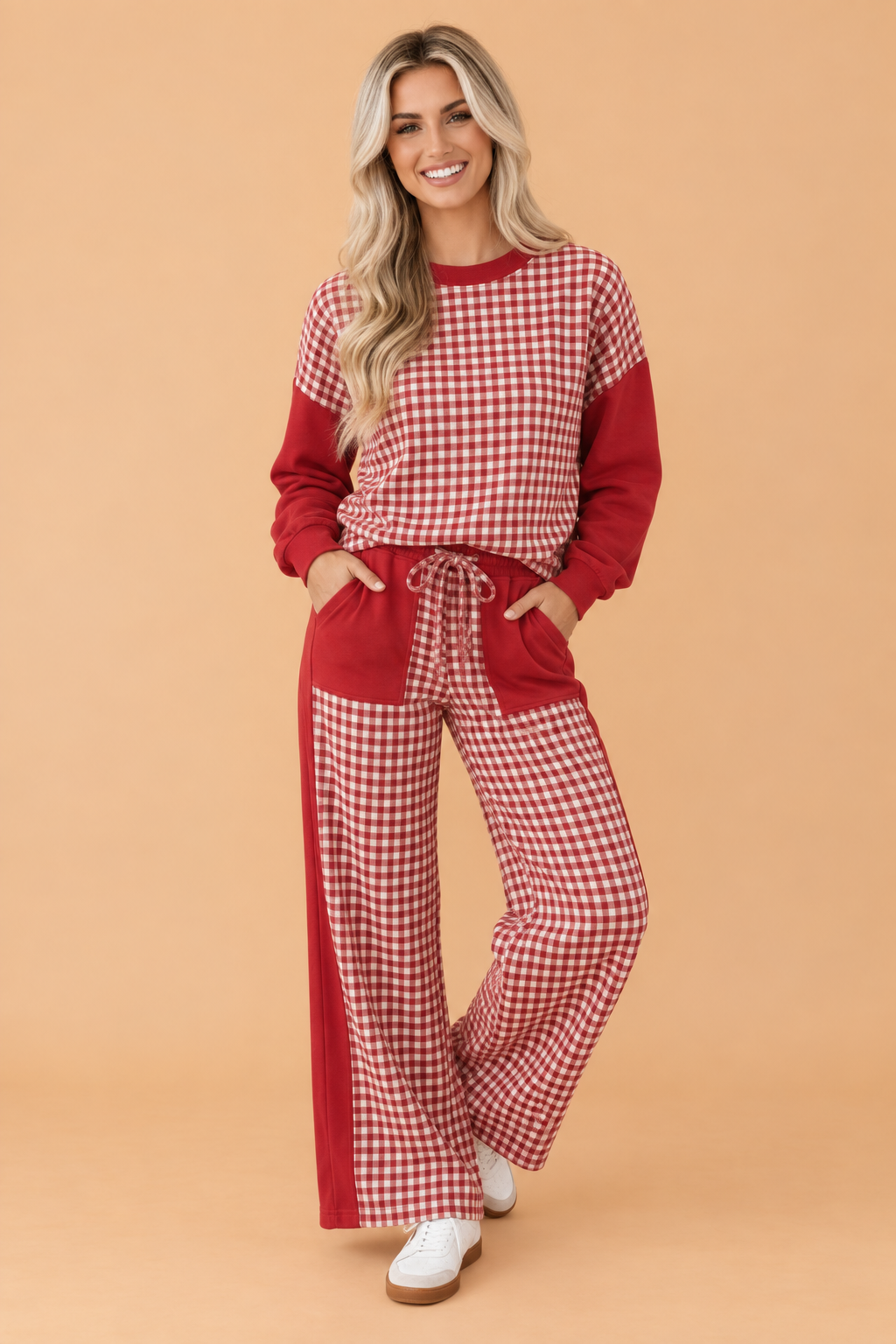Gingham Patchwork Long Sleeve Top & Pant Set
