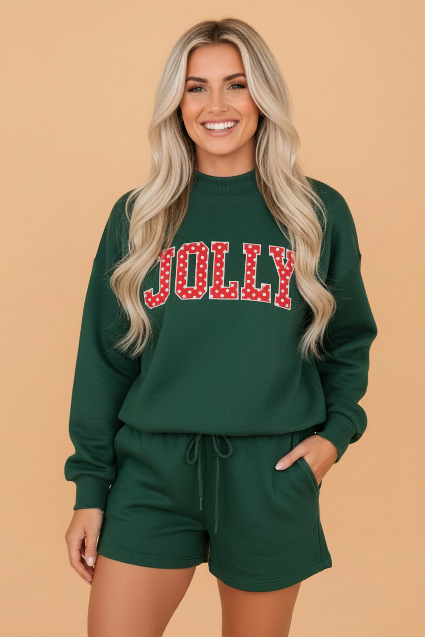 Christmas Polka Dot Letter Print Sweatshirt & Shorts Set