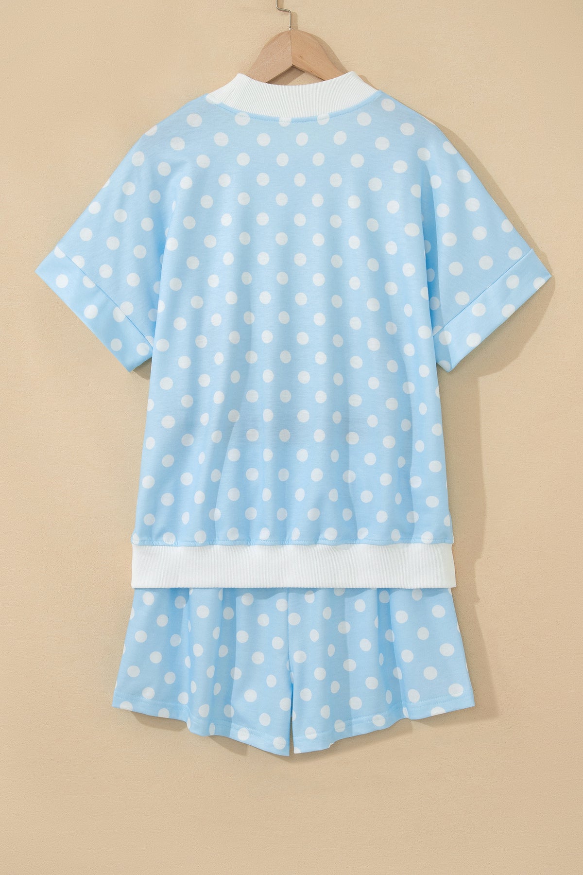 Pink Polka Dot Print Color Block Trim Mock Neck Short Set