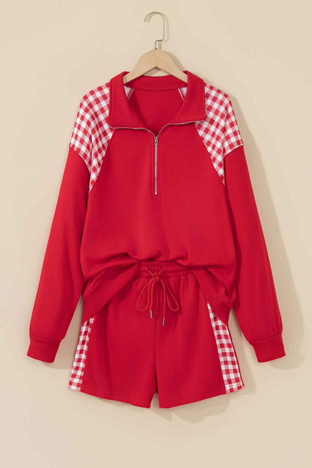 Fiery Red Plaid Patchwork Half Zip Pullover Drawstring Short Set