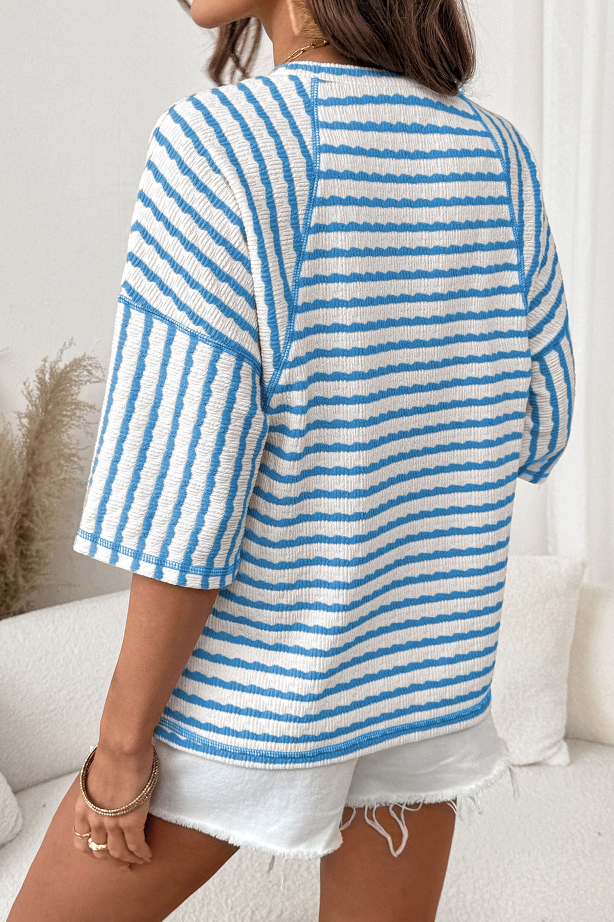 Blue Stripe Textured Knit Split Hem Half Sleeve Loose Top