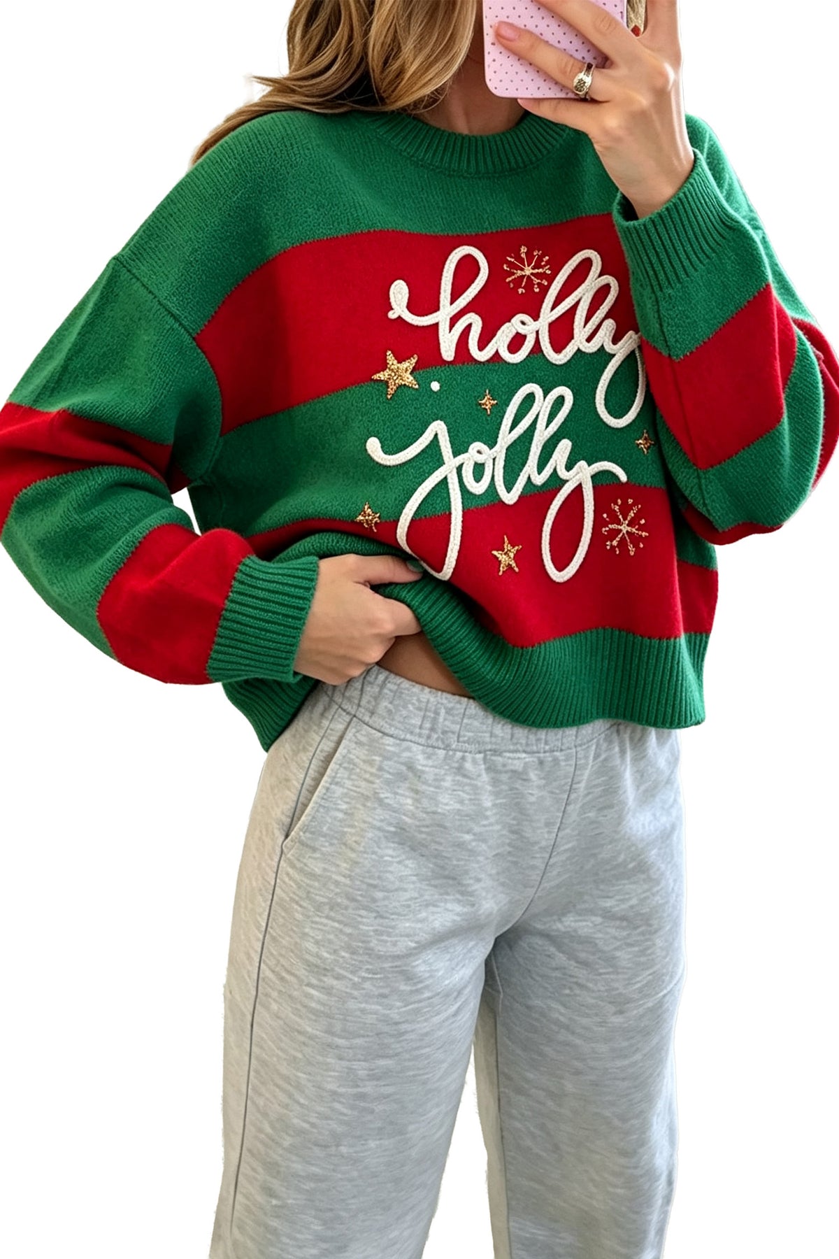 Pink Stripe Festive Holly Jolly Sequin Christmas Holiday Sweater