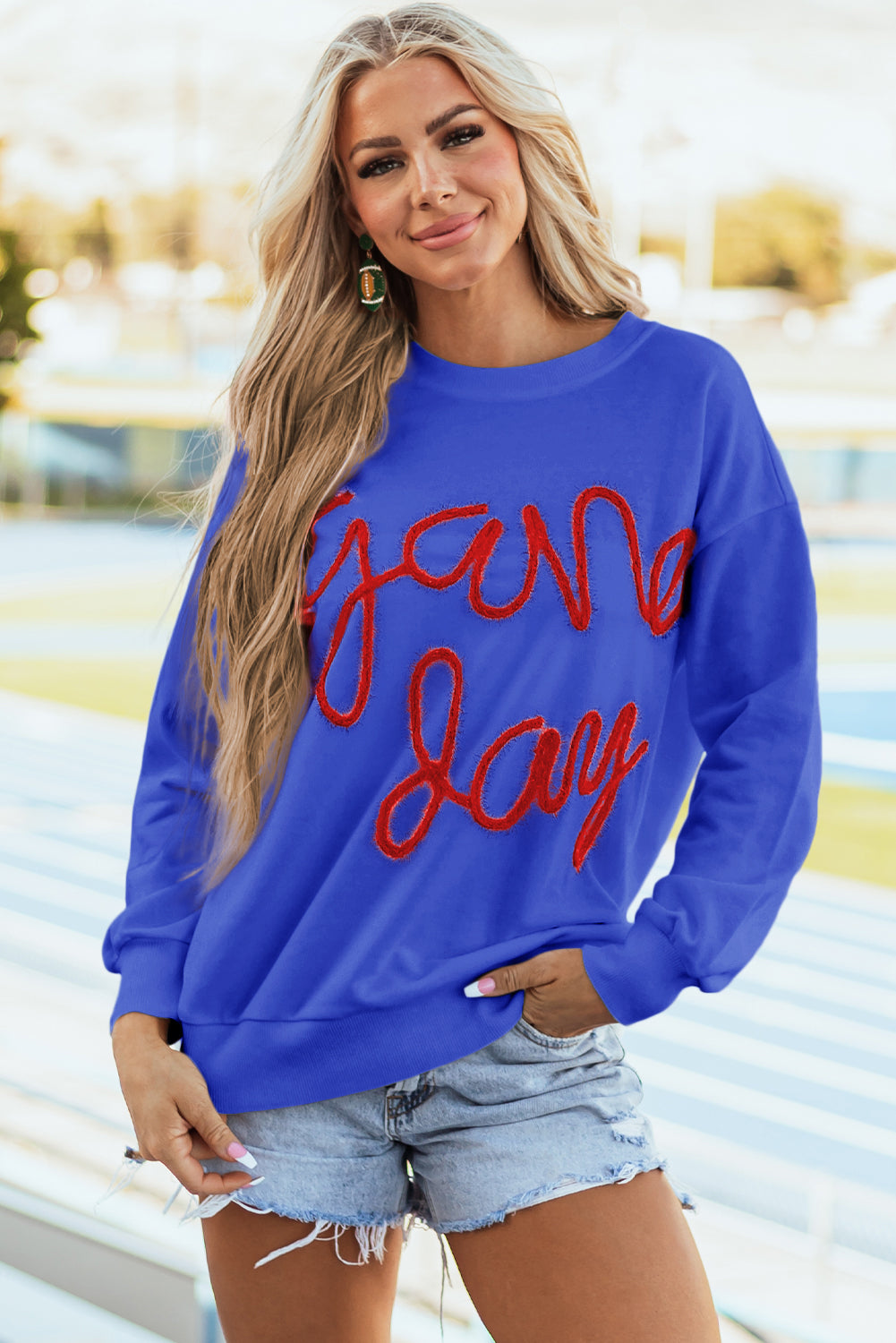 Russet Orange Tinsel Game Day Drop Shoulder Graphic Sweatshirt