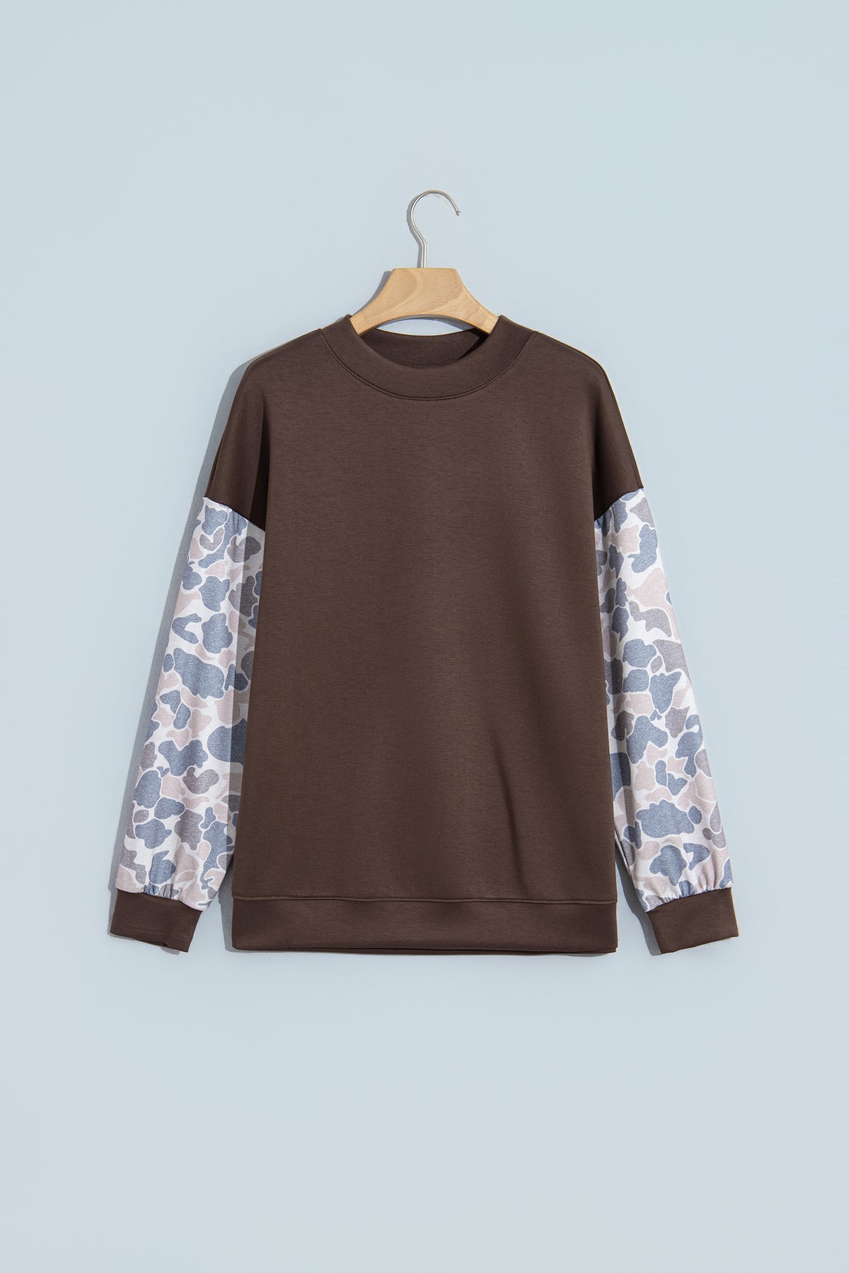 Beige Camouflage Sleeve Crewneck Baggy Pullover Sweatshirt
