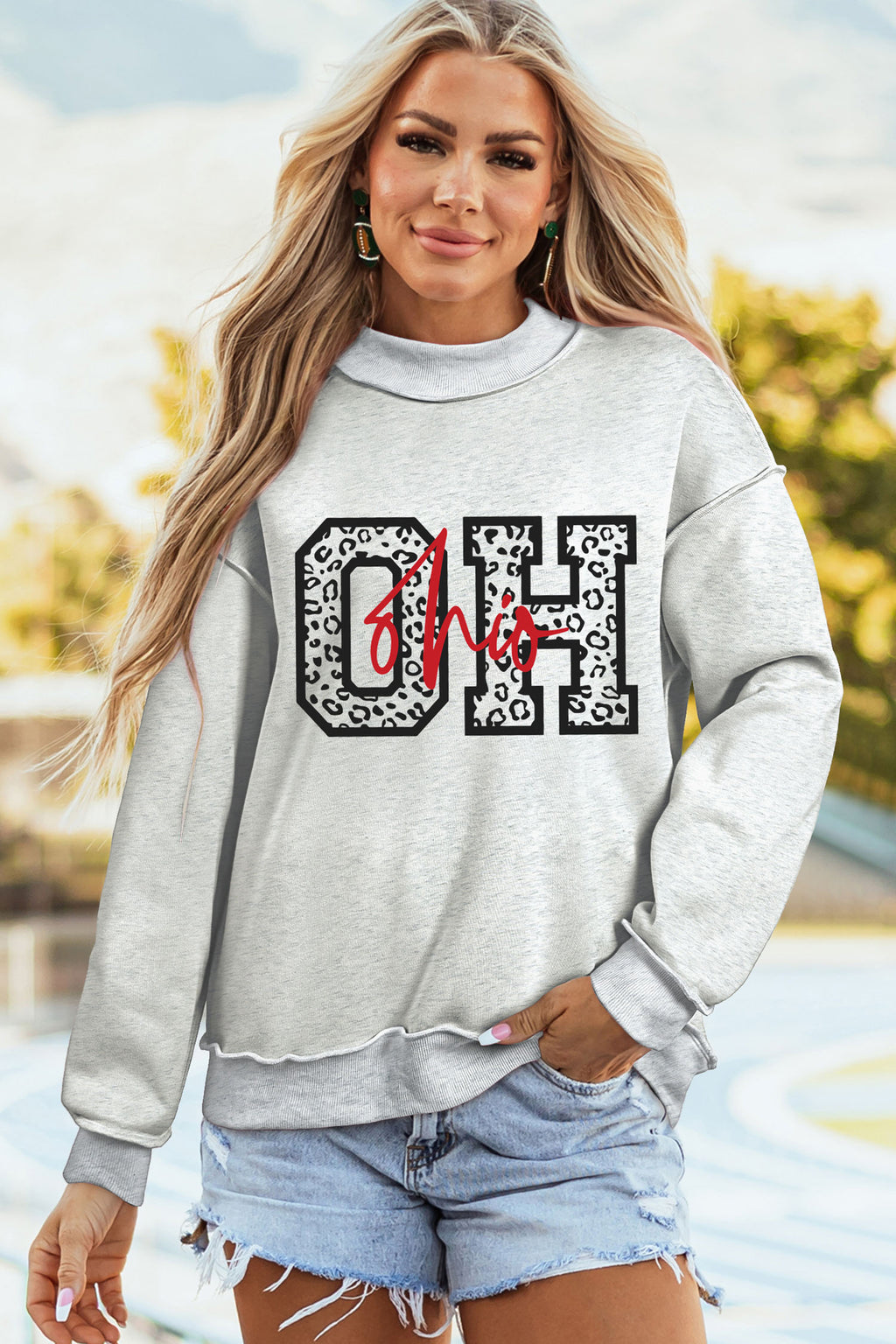 Light Grey OHIO Double Side Printed Mock Neck Reversible Sweatshirt
