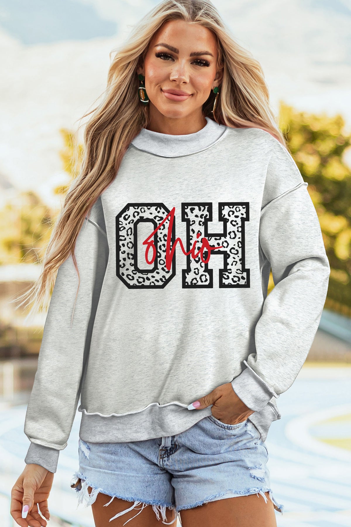 Light Grey OHIO Double Side Printed Mock Neck Reversible Sweatshirt