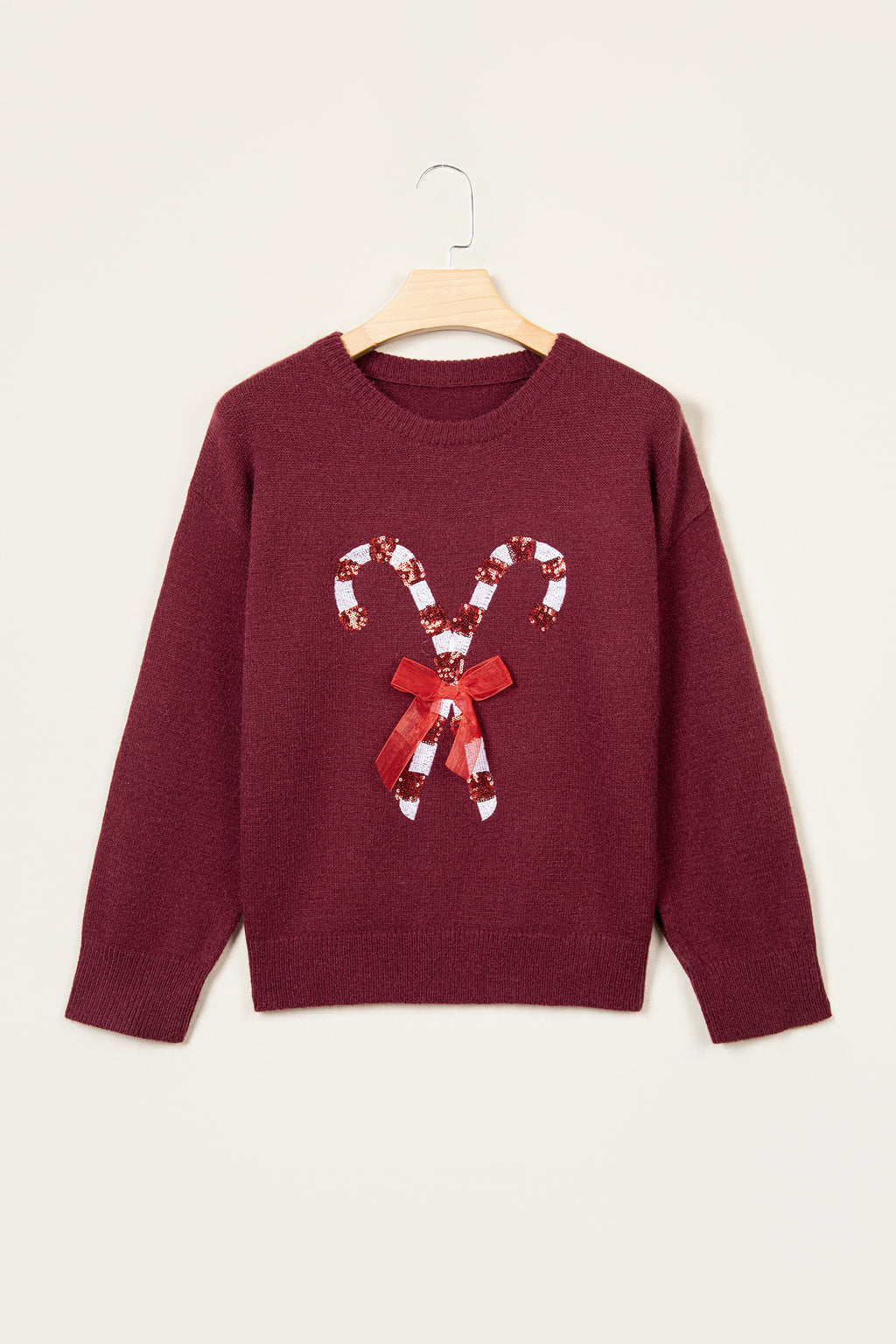 Red Dahlia Sequined Candy Cane Festive Casual Christmas Sweater