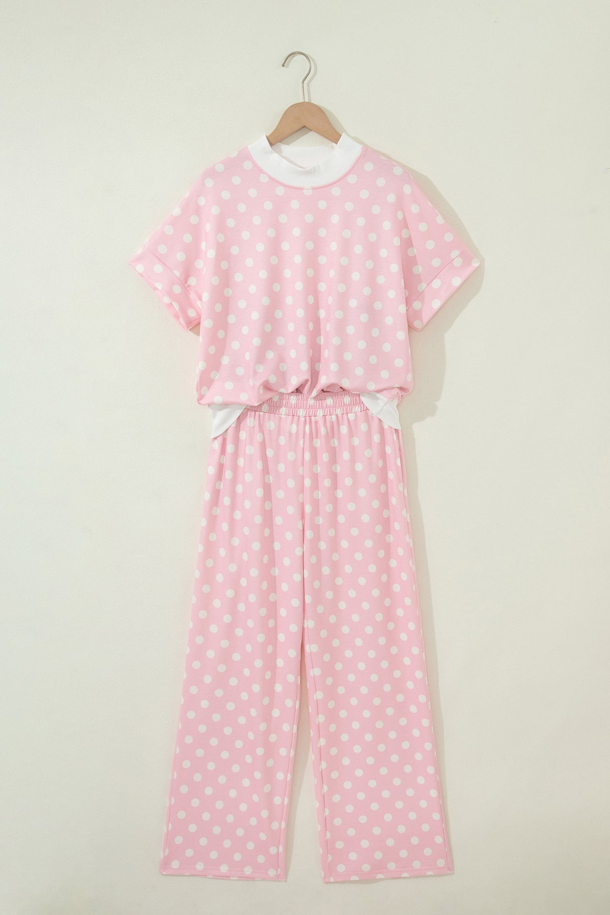 Pink Polka Dot Print Mock Neck Short Sleeve Top Shift Pant Set