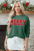 Evergreen Twisted Rib Outlined Merry Letter Graphic Loose Long Sleeve Top