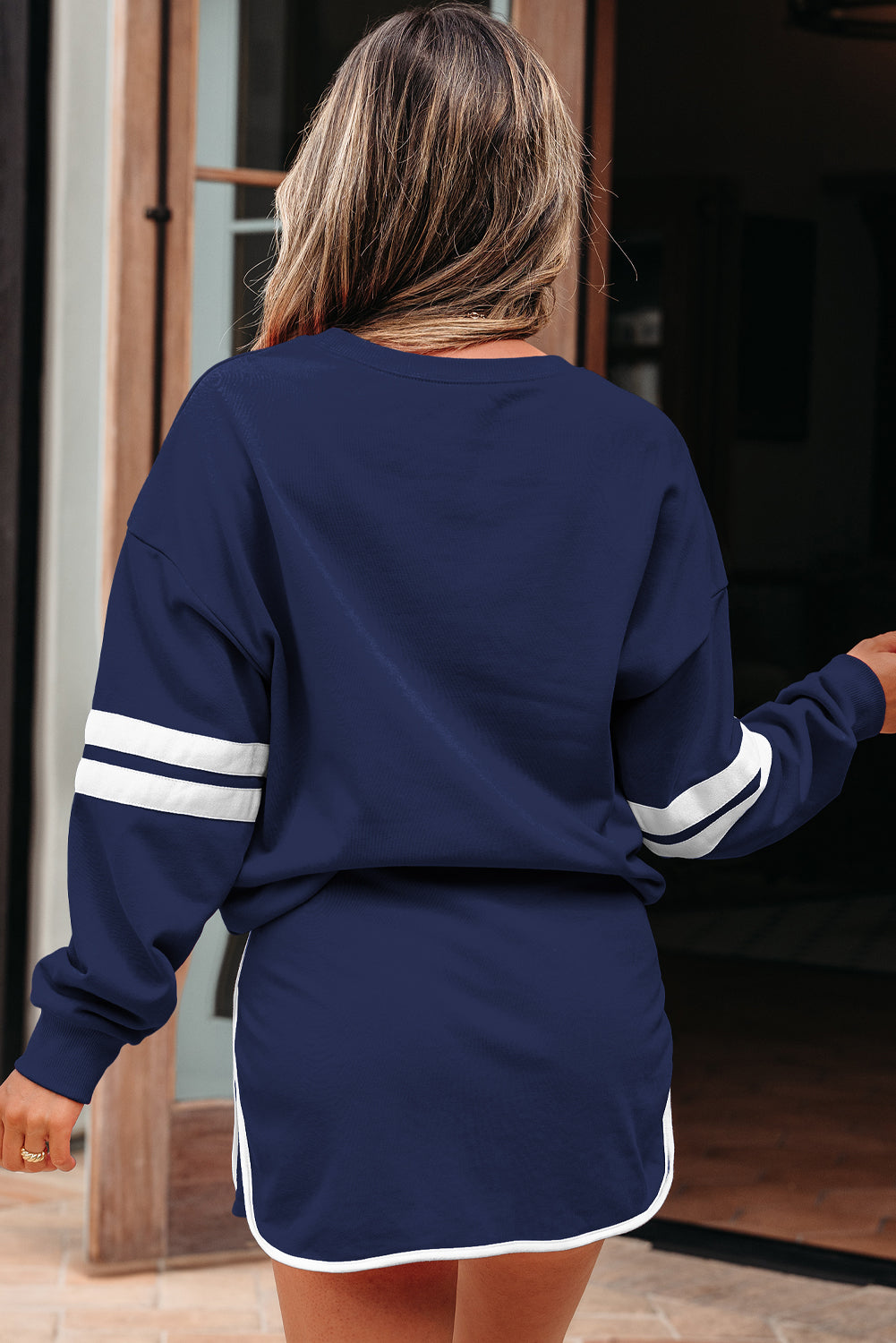 Tillandsia Purple Varsity Stripe Detail Drop Shoulder Pullover Mini Skort Set
