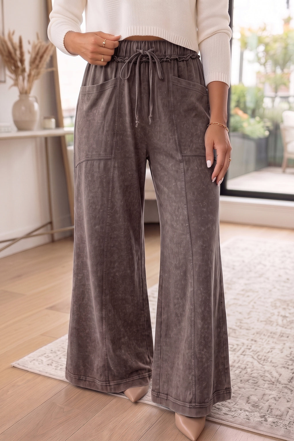 Jungle Green Mineral Wash Seam Detail Flare Leg Drawstring Pants